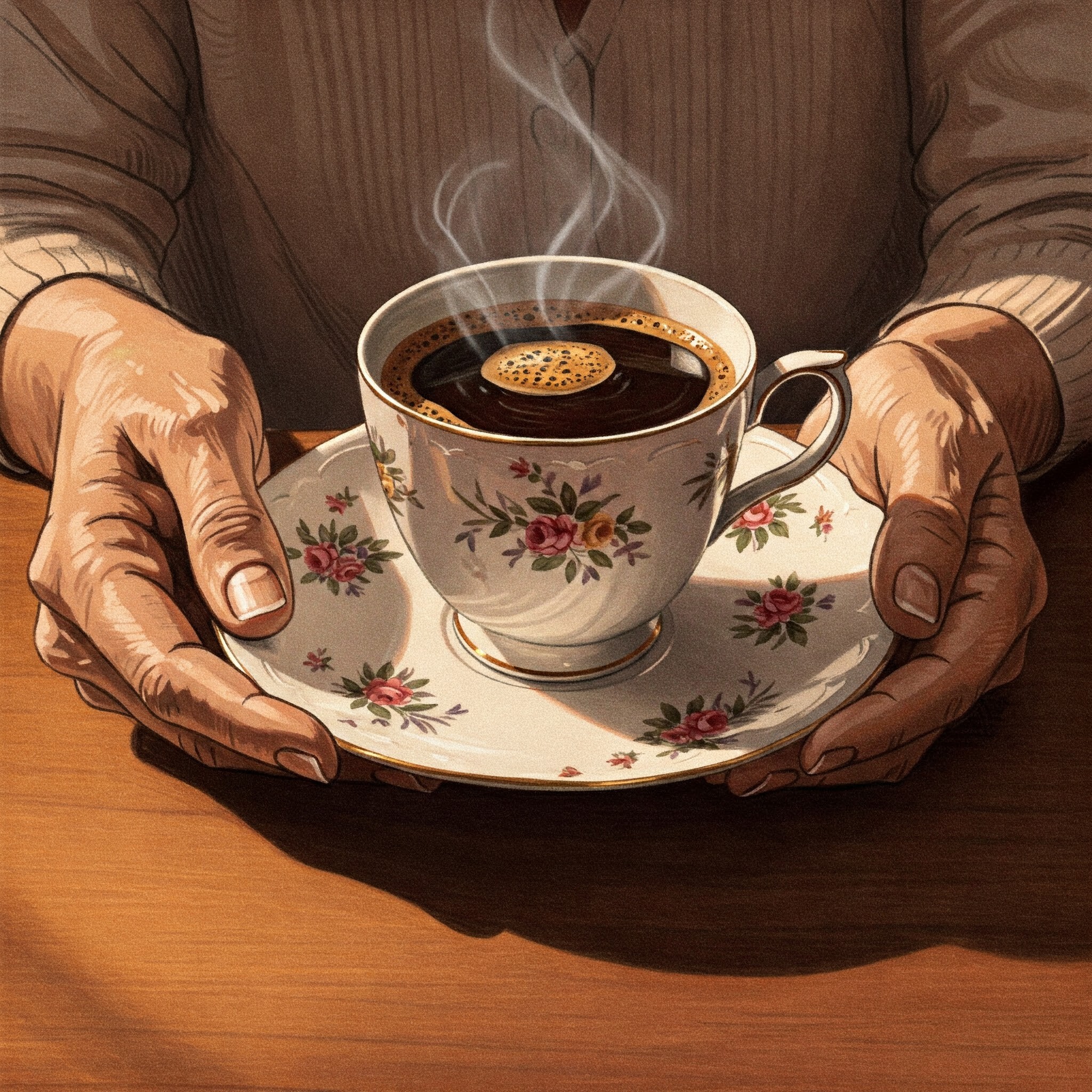 ***Ilustración realizada por IA 

♥️🌹✨Un recuerdo tan entrañable. Es fascinante cómo los hábitos de nuestros padres pueden influir en nuestros propios gustos y rutinas. El aroma del café por la mañana, crea un conexión especial en mí.
Les cuento, mi madre todas las mañanas  después de ducharme me llevaba una taza de 