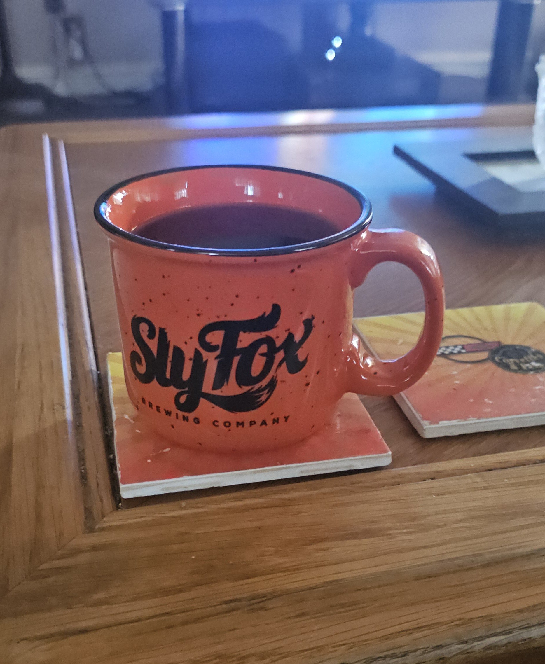 Weekend mug from sly fox brewery Having Coffee from Stolen Sun dark roast
