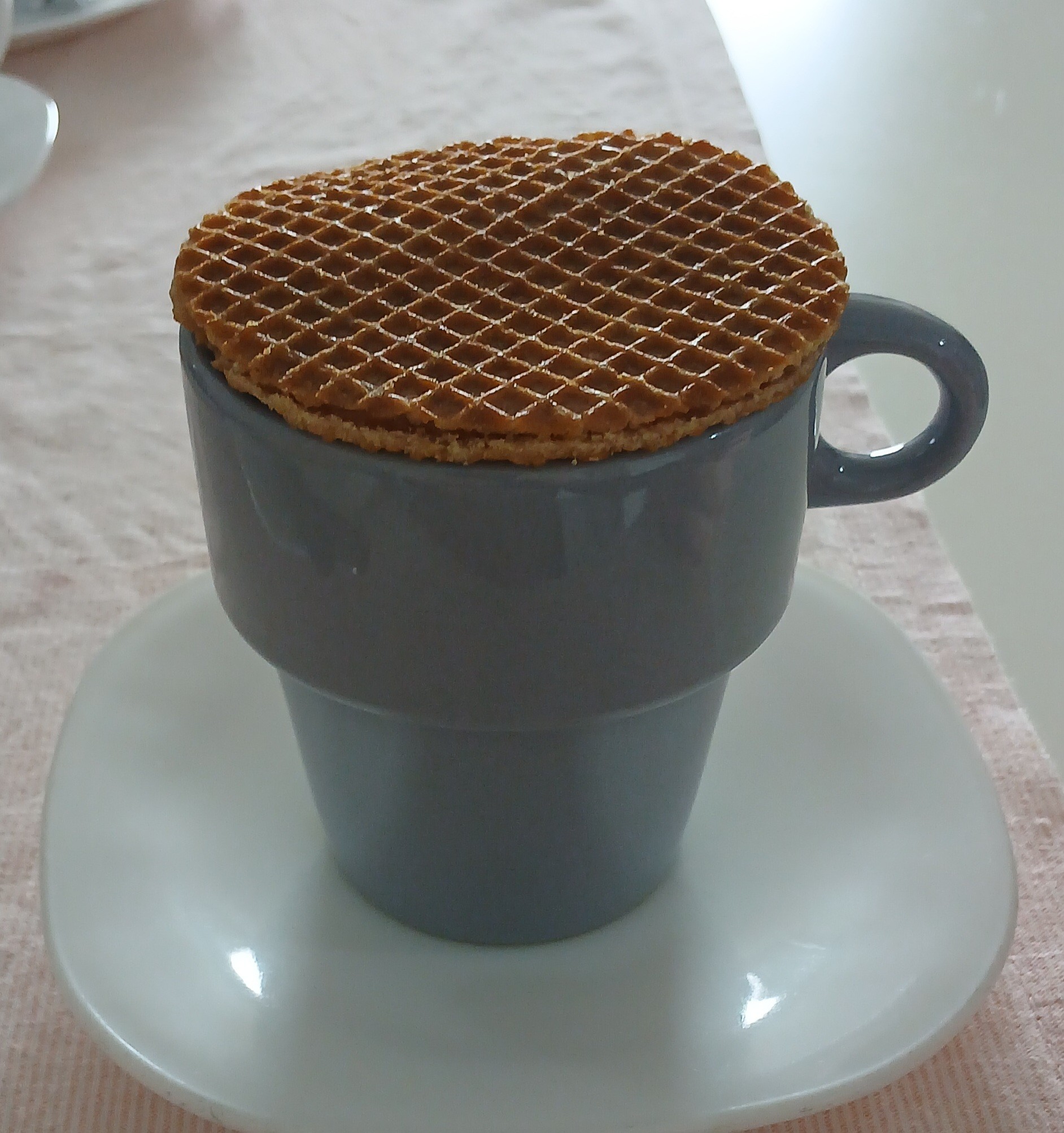 Café com Stroopwafles que ganhei. A recomendação é aquecê-los sobre a xícara de café ✨️