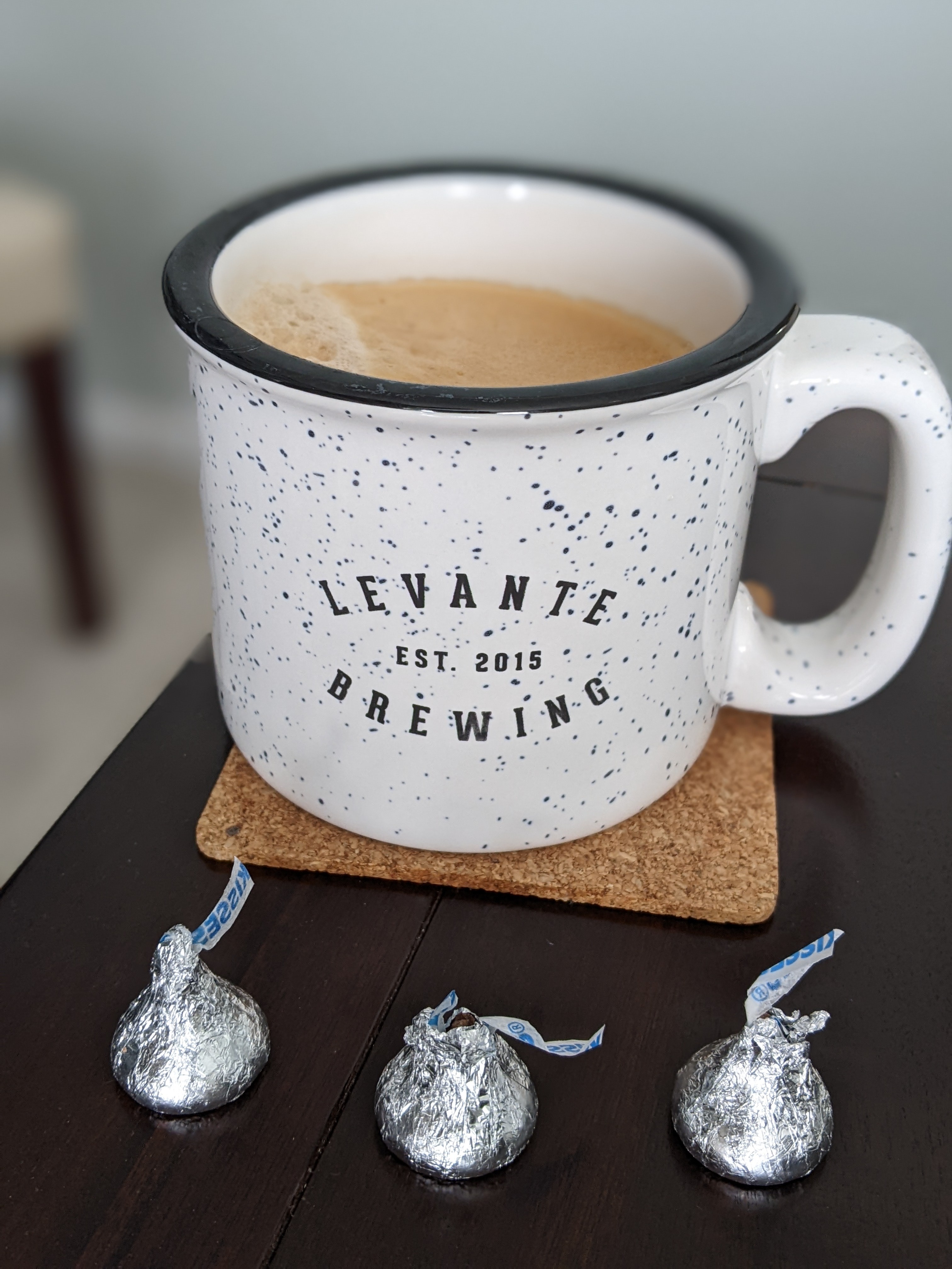 Having some chocolate and a roasty coffee just before a meeting 