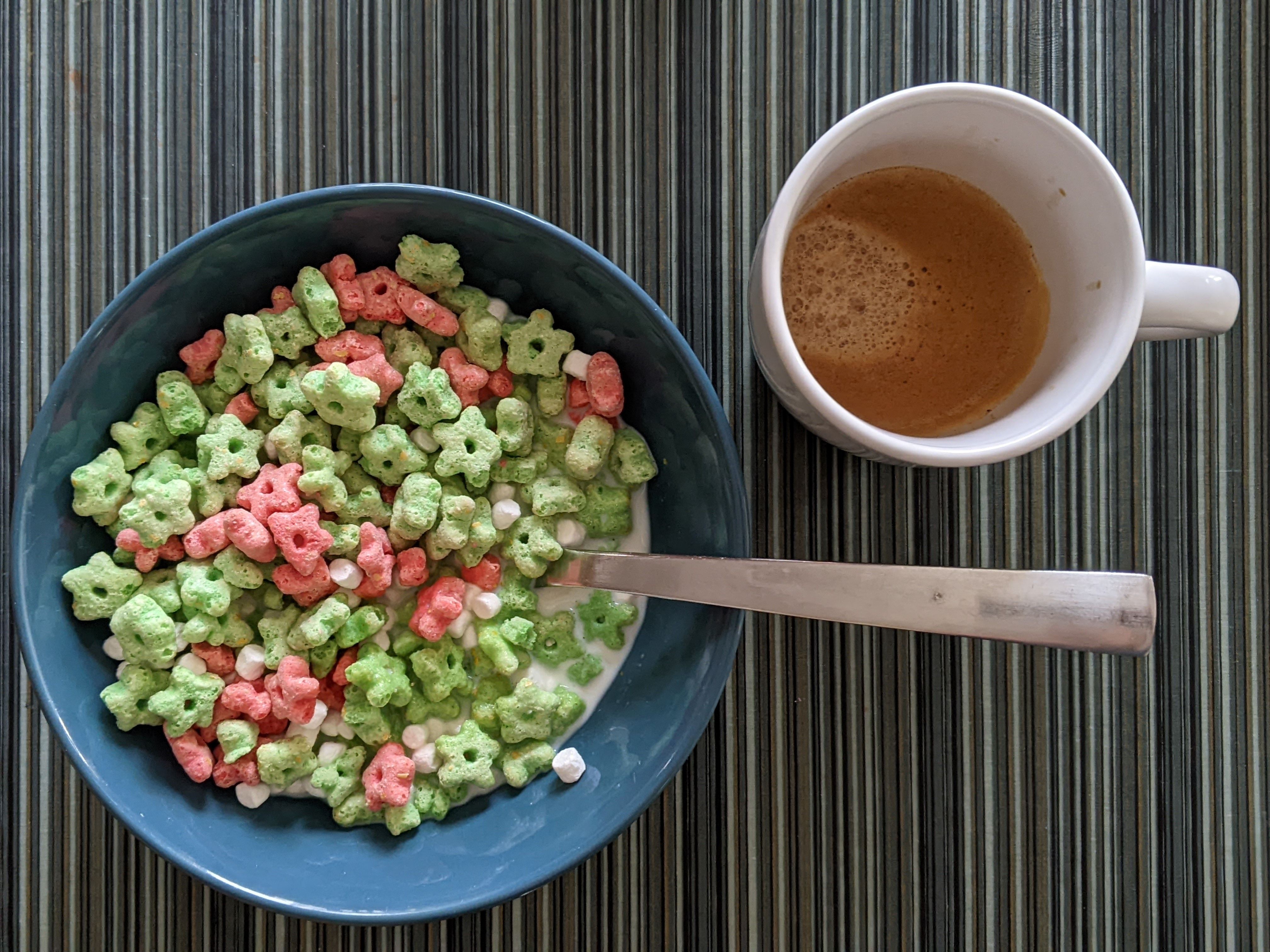 I'm not sure what cereal this is.  All I know is that it has stars and marshmallows.  Eating breakfast and drinking a double before my first meeting.