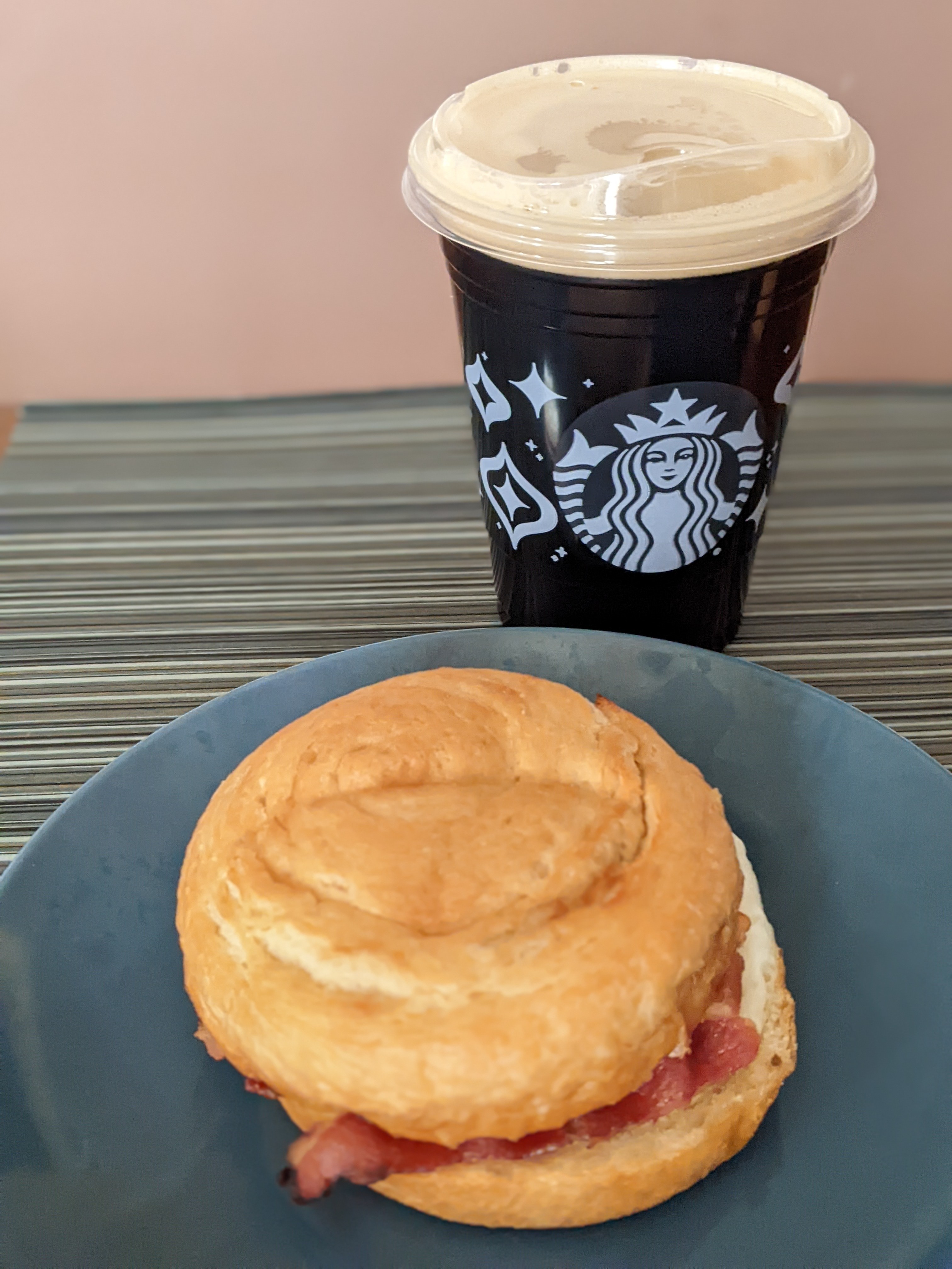 Having a Starbucks breakfast sandwich with a plain nitro cold brew before a long weekend off