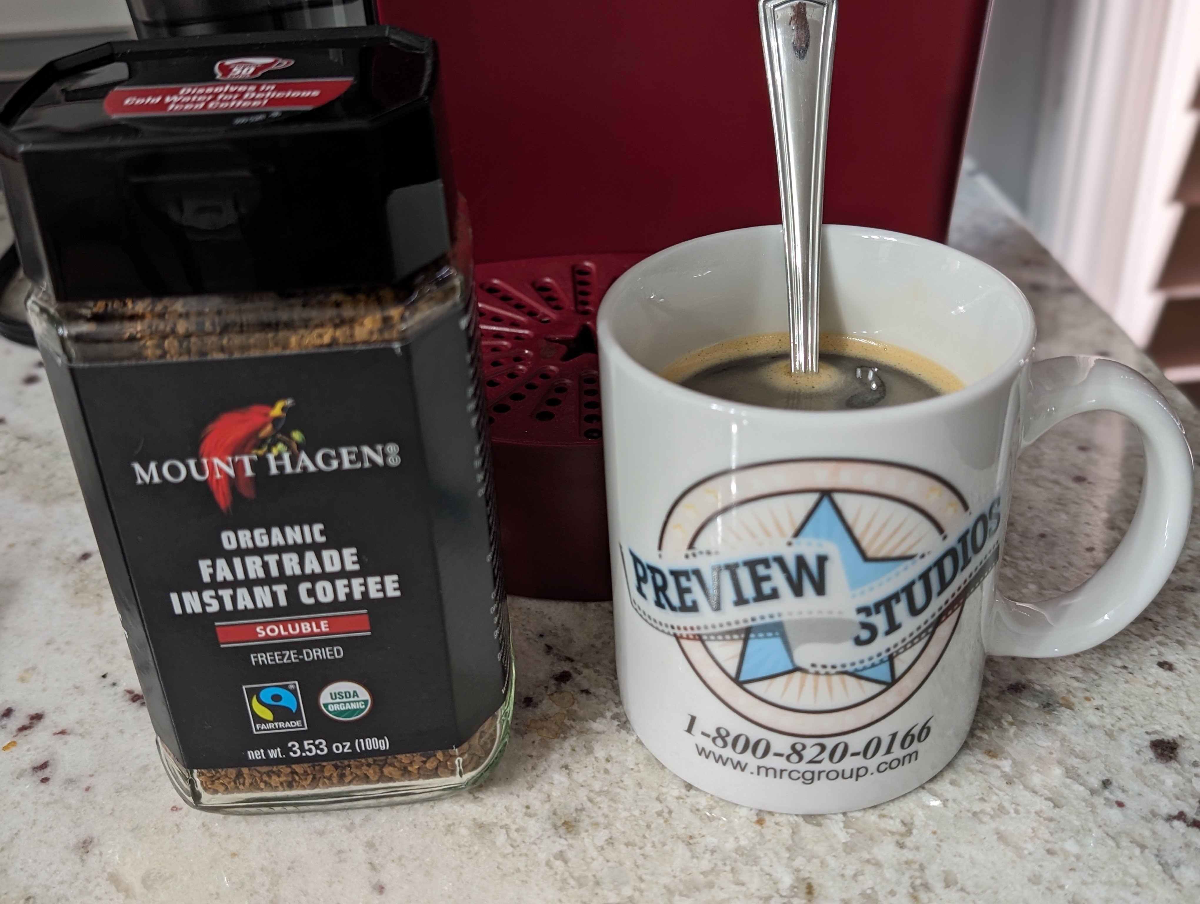 Tried this based on recommendation from @andy

It's good and really easy and convenient. I feel like I broke a lot of coffee laws by using a Keurig to heat up the water and then adding the instant coffee.