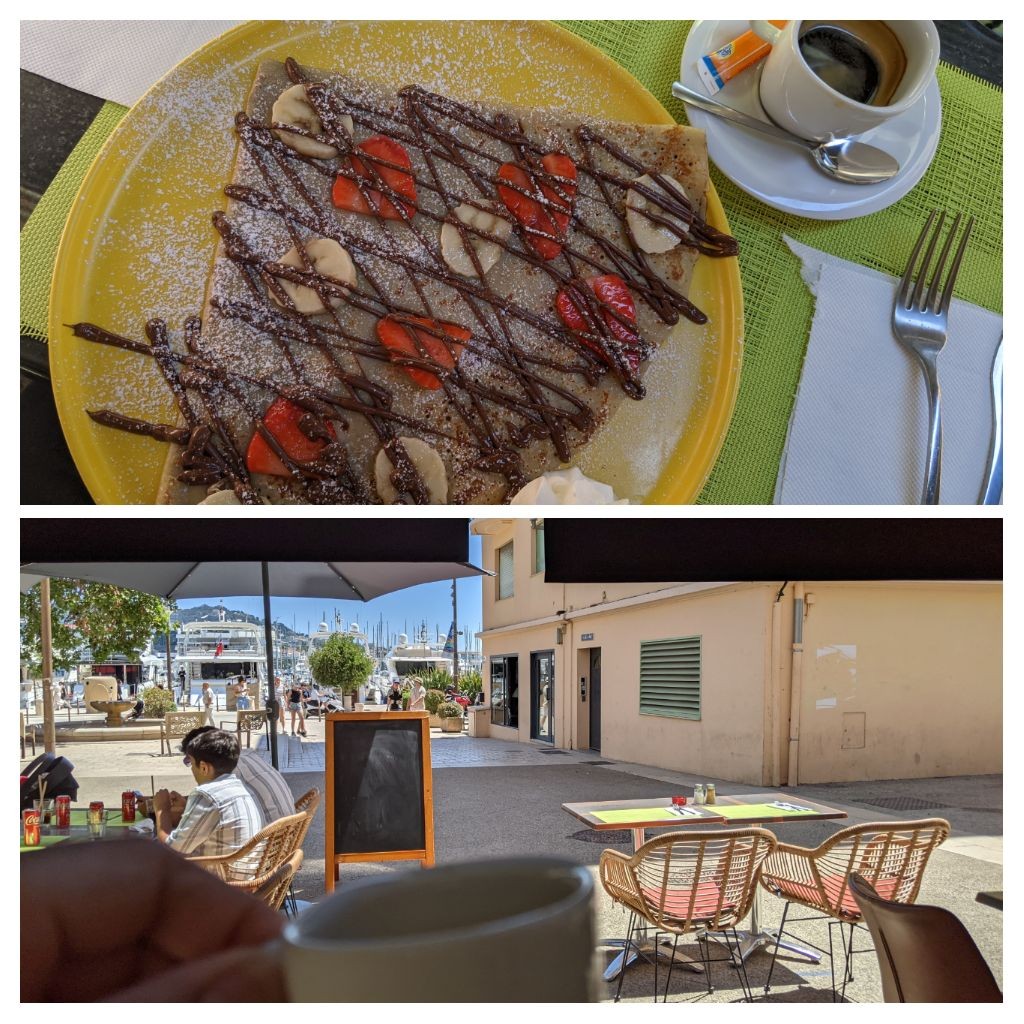 Enjoying crepes and espresso 