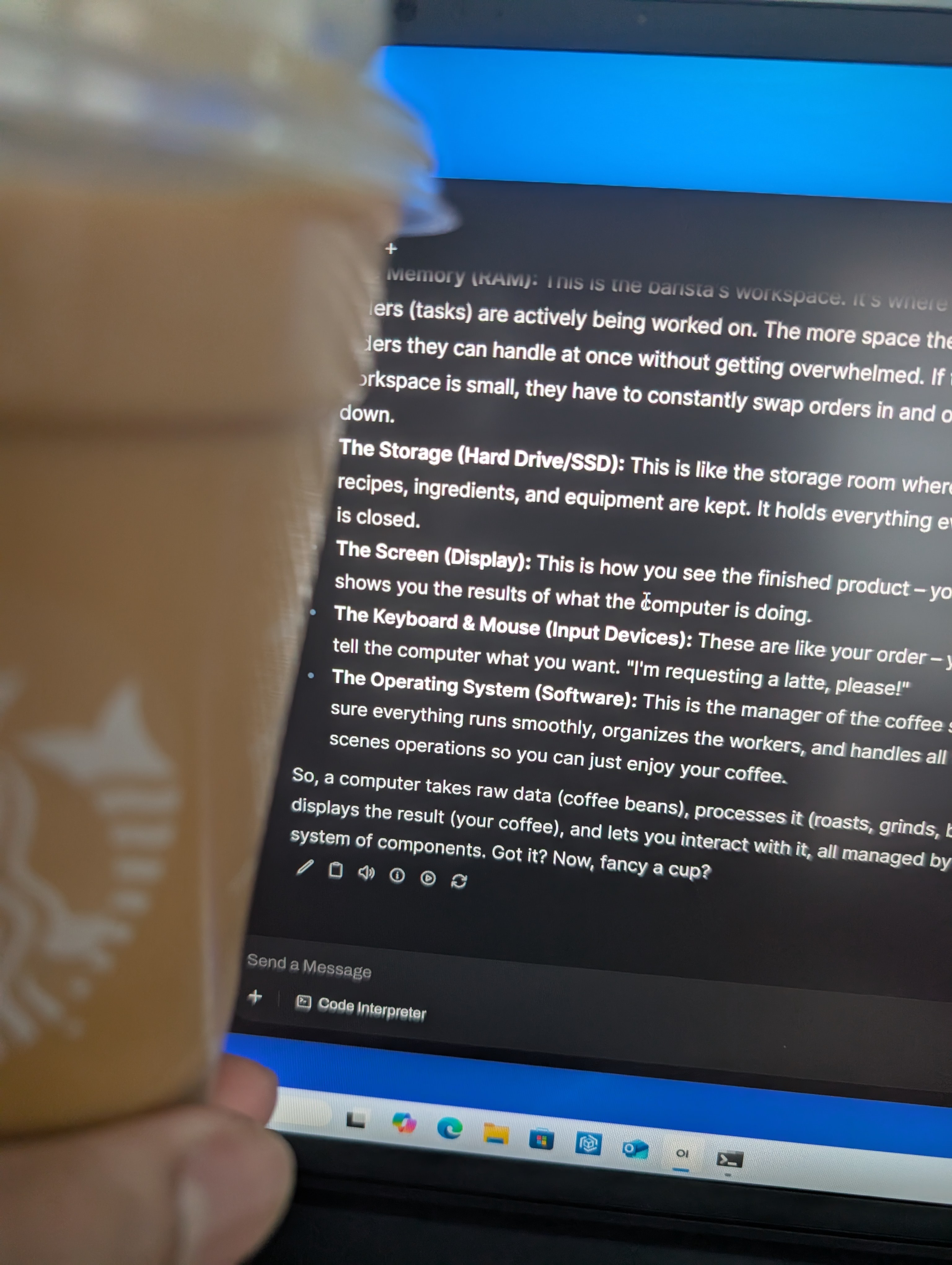 Enjoying a nitro cold brew as I test out my coffee bot that answers everything in relation on coffee.  I asked it what a computer was.  