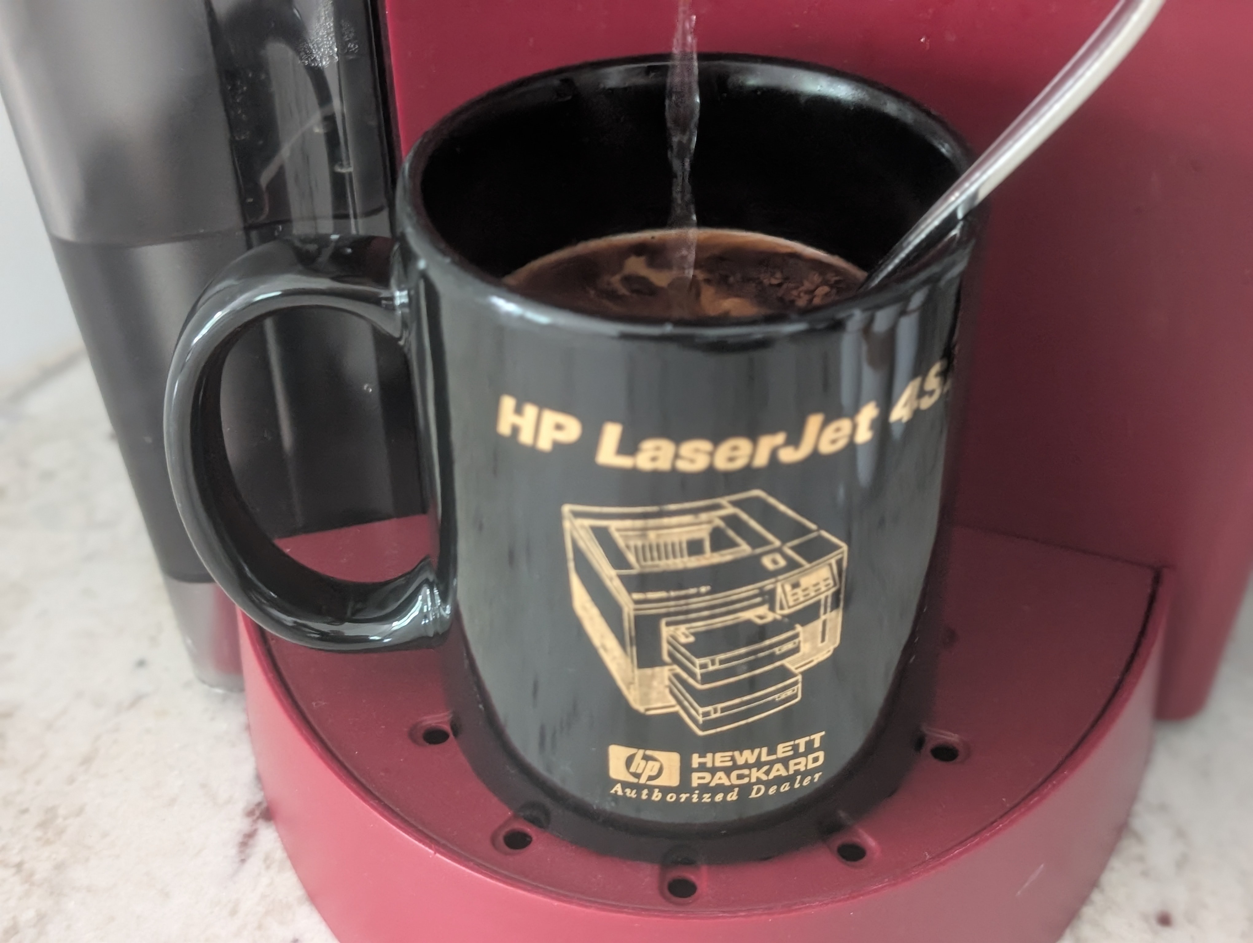 I forgot to check in my very early McDonald's coffee for the long drive to a vintage computer swap meet.  I saw a cool Weyland-Yutani coffee mug but forgot to go back to buy it.  Having an afternoon coffee to get a little boost on a sticky, overcast Saturday.