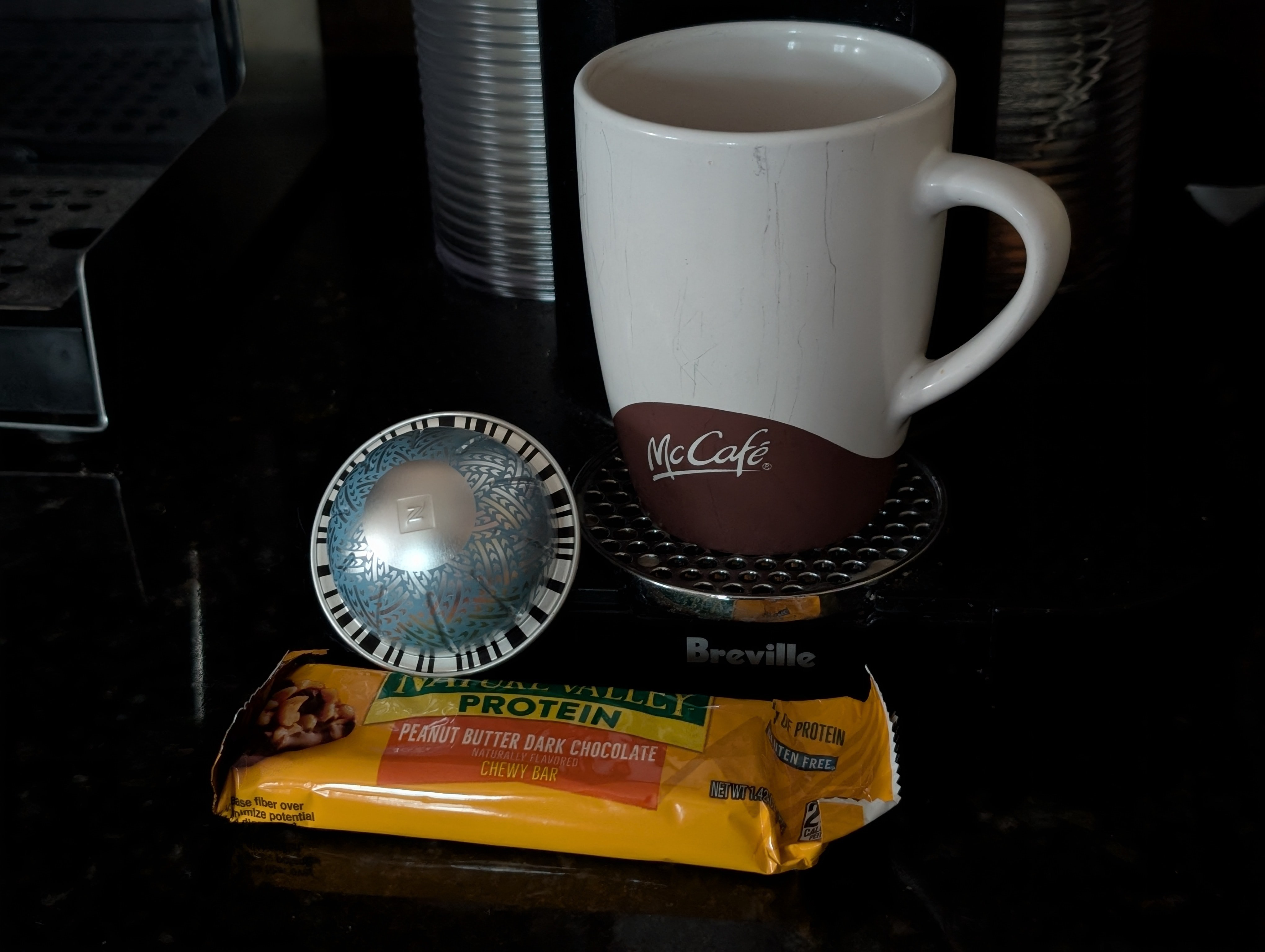 Having a tasty new double with a peanut butter dark chocolate protein bar on a hot Monday morning 