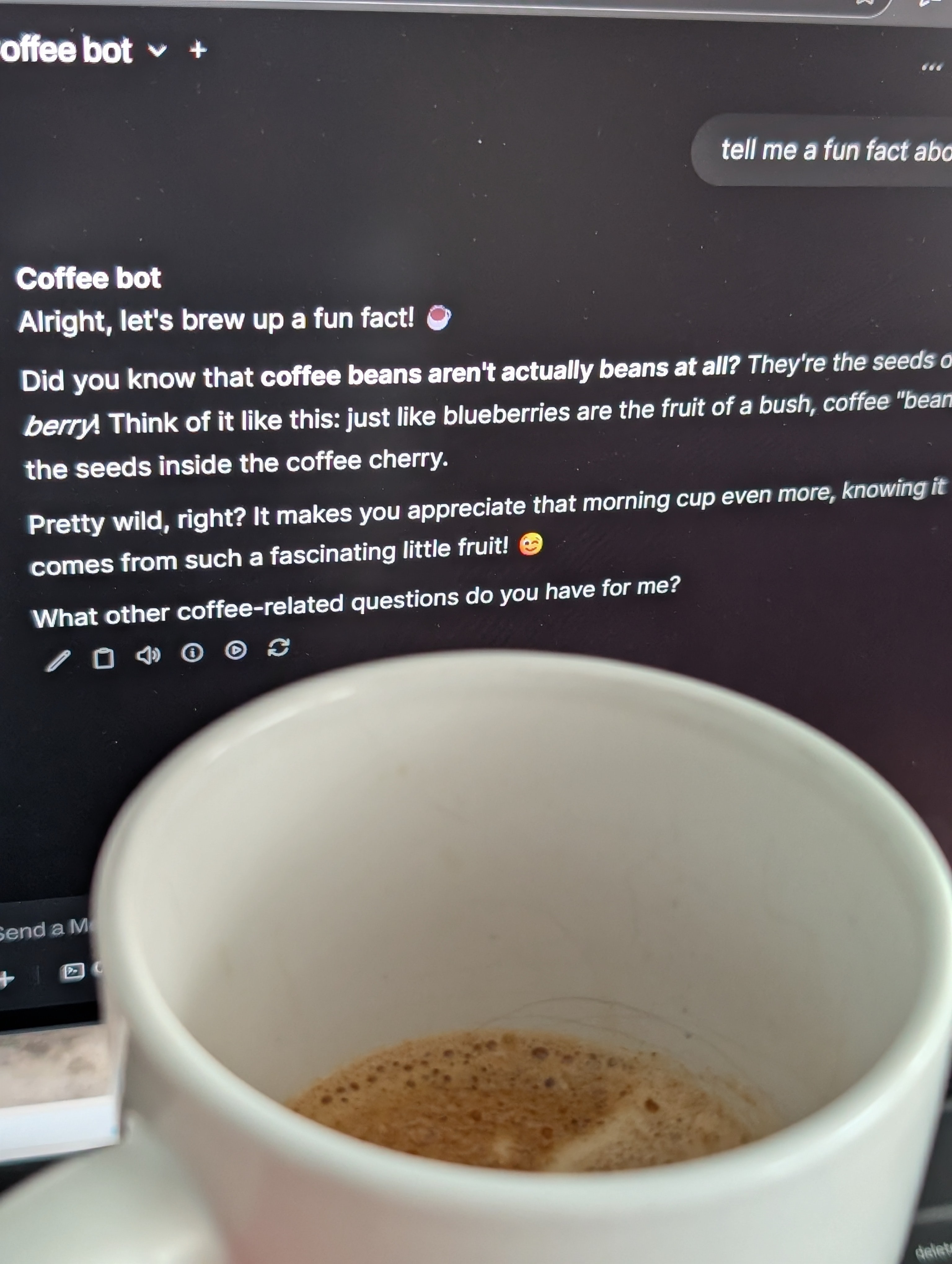 Relaxing and chatting with the coffee bot before my presentation