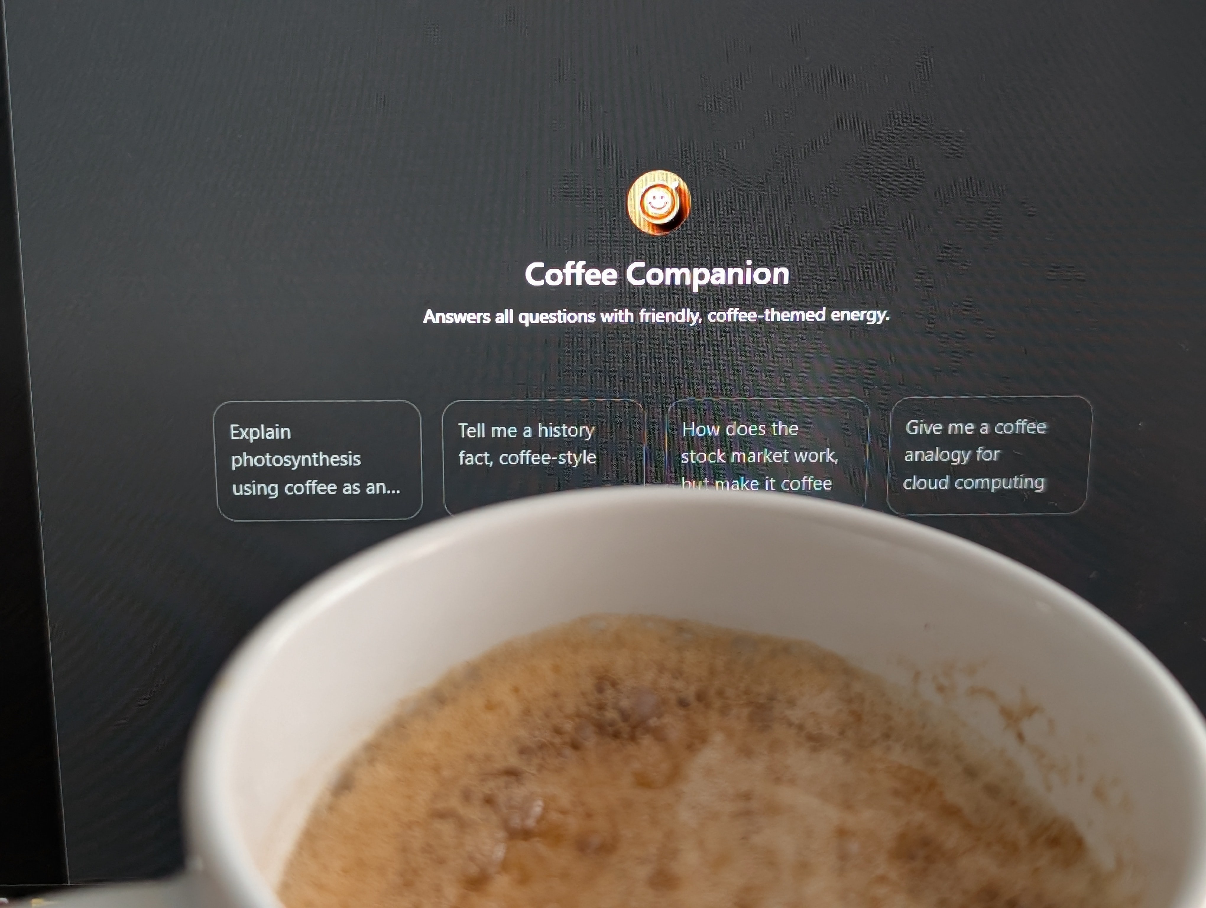 Having a coffee after creating a new coffee bot on a completely different platform.  It helped me name itself and created an avatar.  I hope my original coffee bot doesn't get jealous.