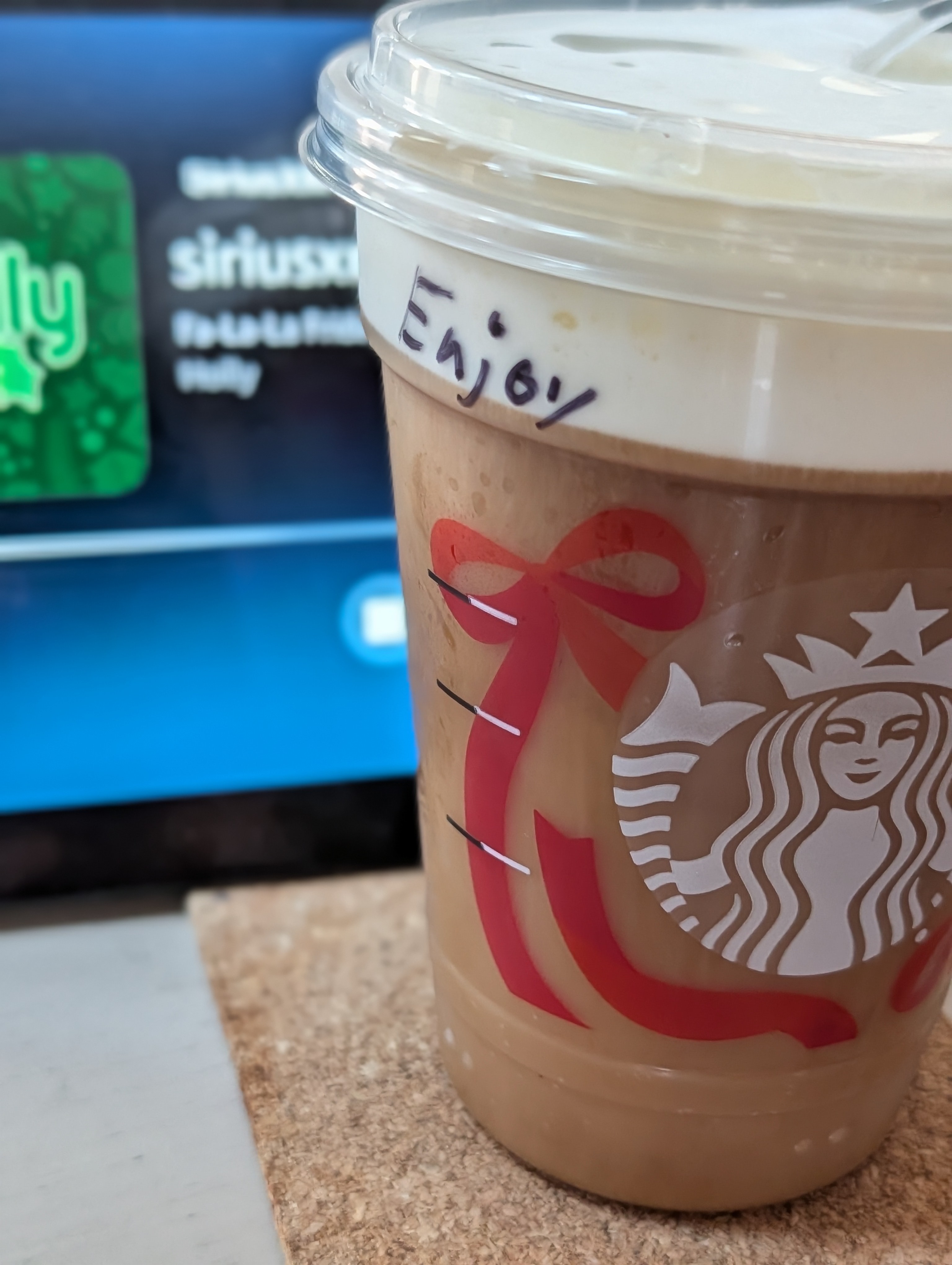 Enjoying a salted caramel cream cold brew on a lazy Sunday morning. Sirius started the Christmas music station right after Halloween.