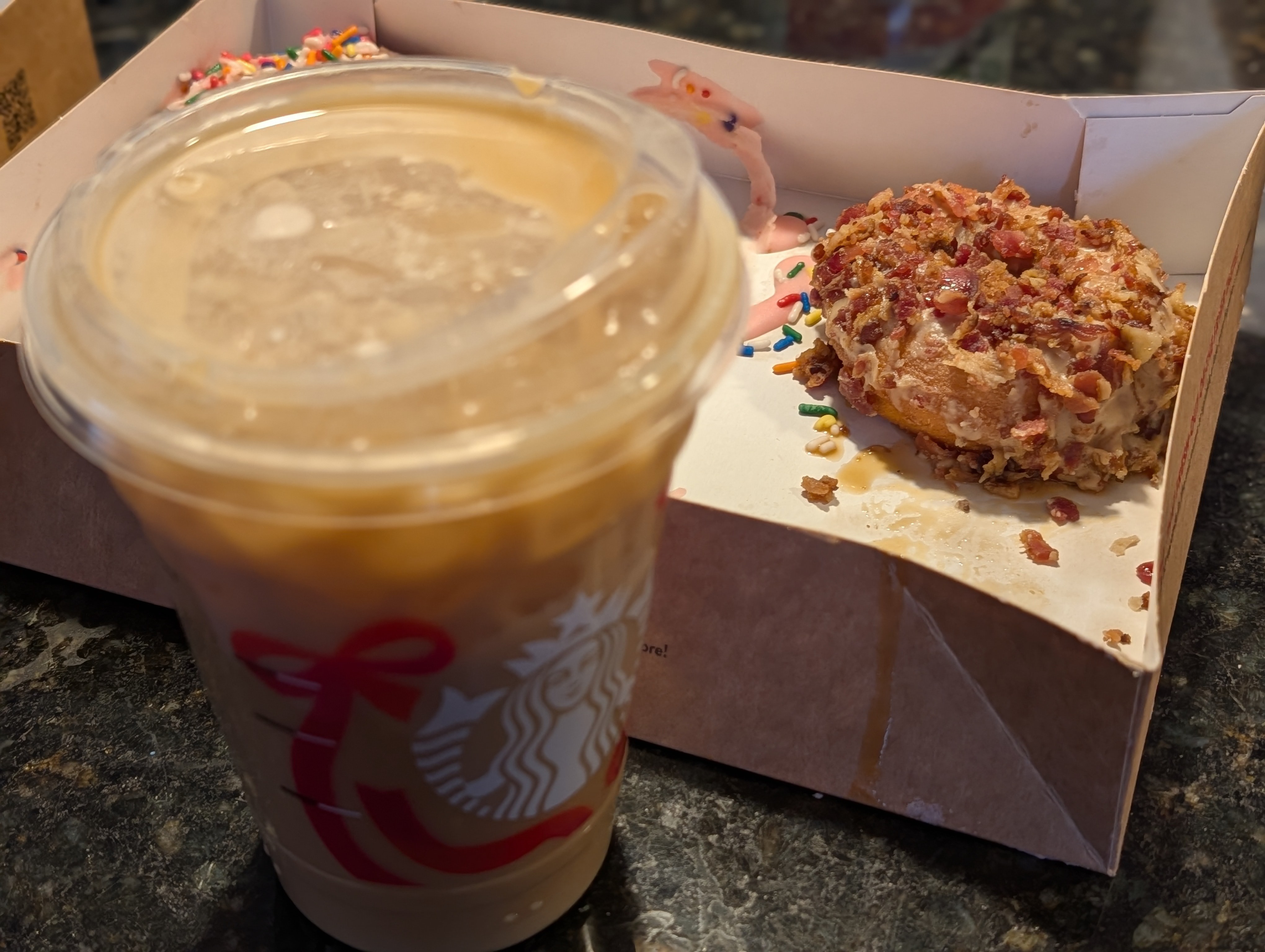 Having a vanilla sweet cream cold brew with the last bacon donut