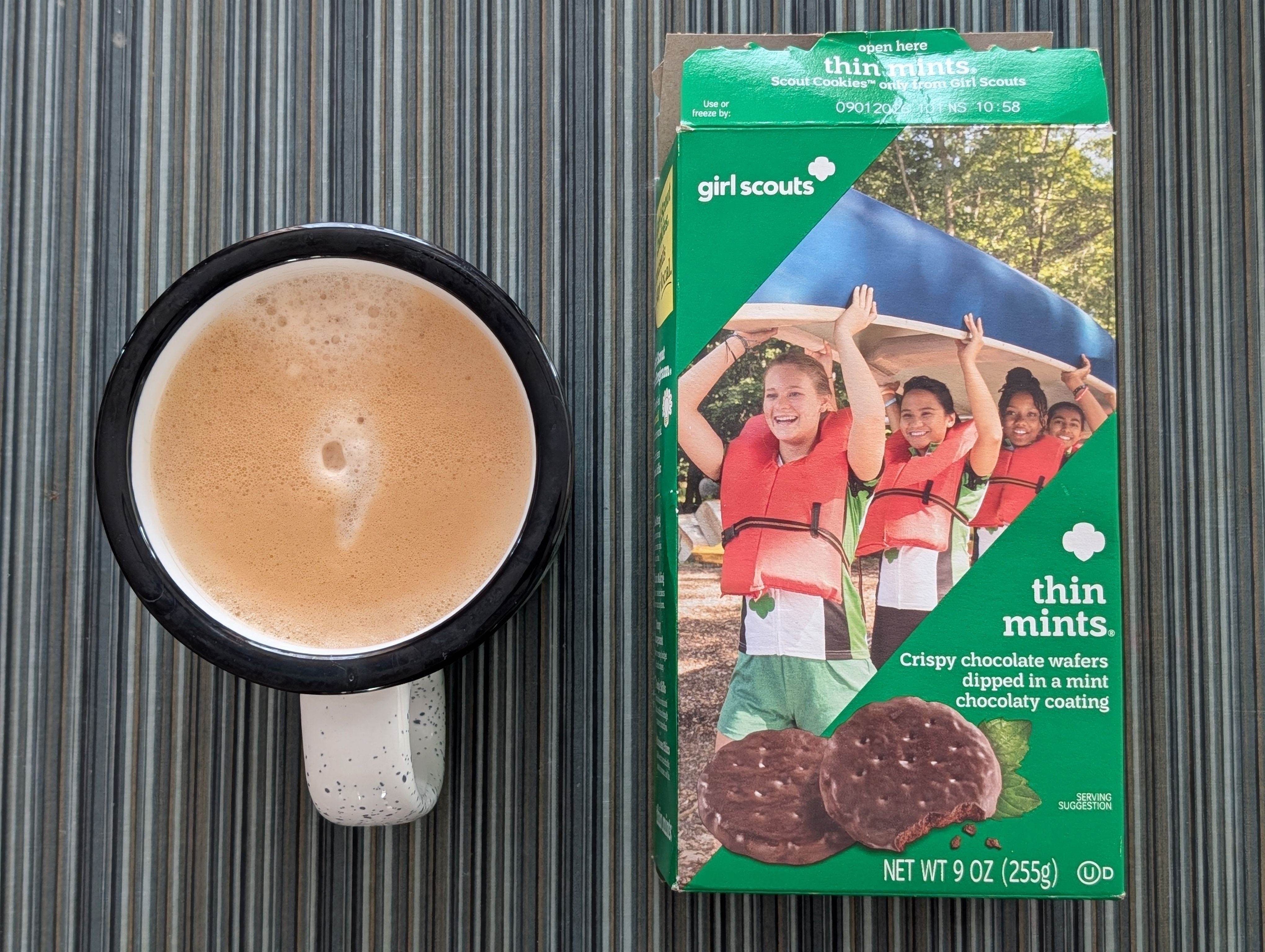 This is definitely better with a little bit of milk.  Not sure if pairing with thin mints is a good idea, but I'll give it a go.