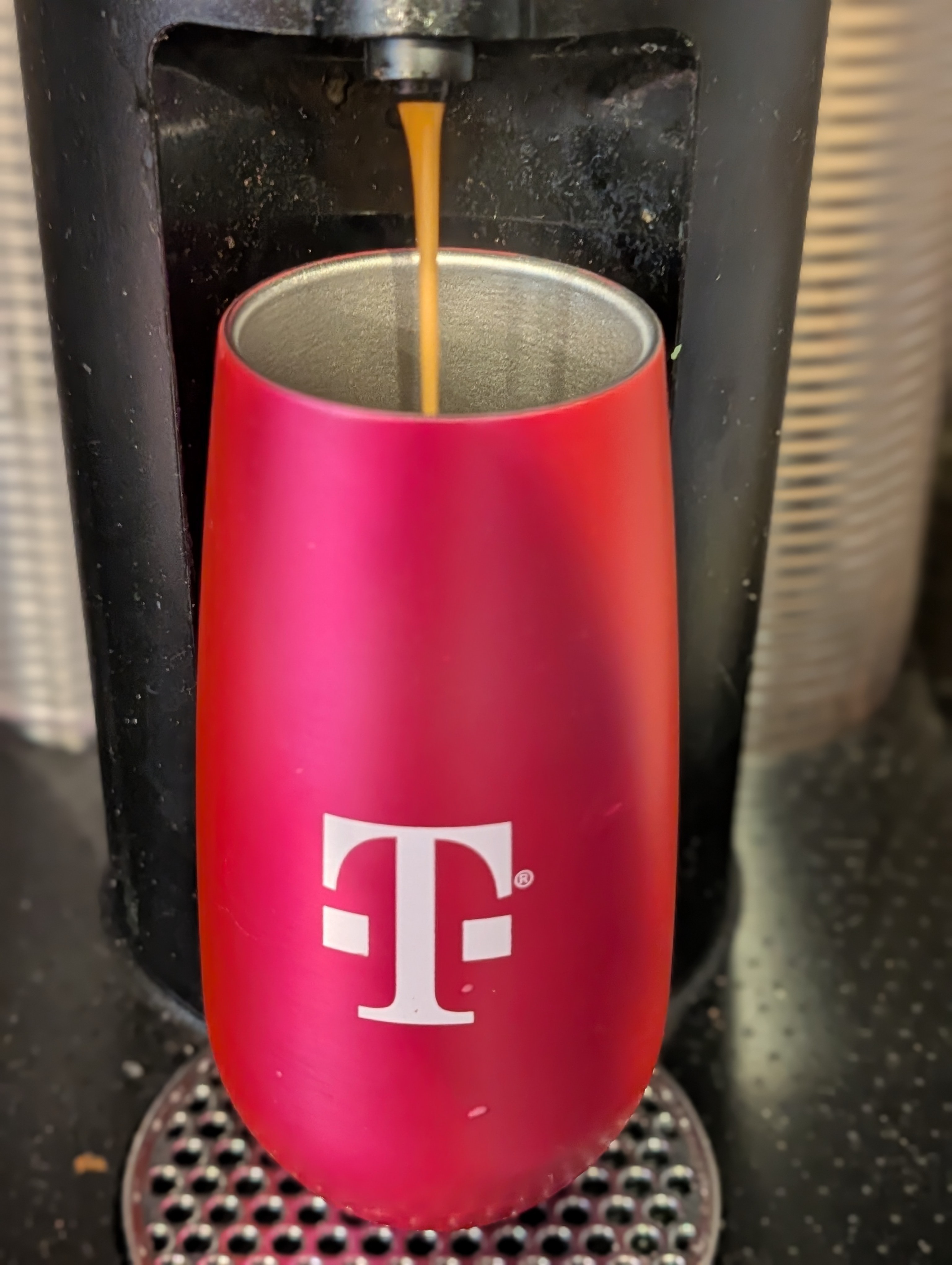 Having a coffee late in the day for a long drive.  The free T-Mobile tiny stainless tumbler is just enough for a double.