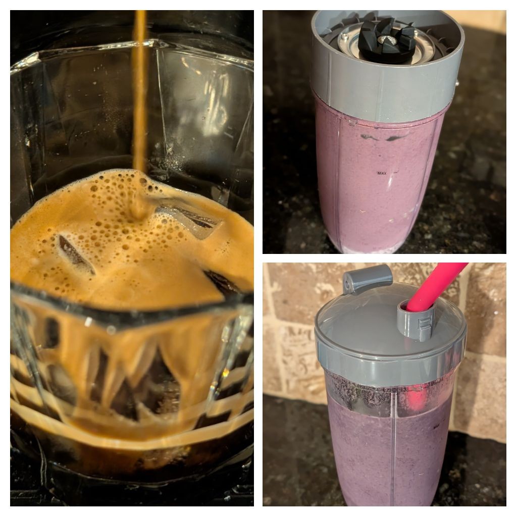 Enjoying a smoothie with a double shot of espresso, acai, blueberries, creatine, magnesium, milk, ice, protein powder, and chia seeds.