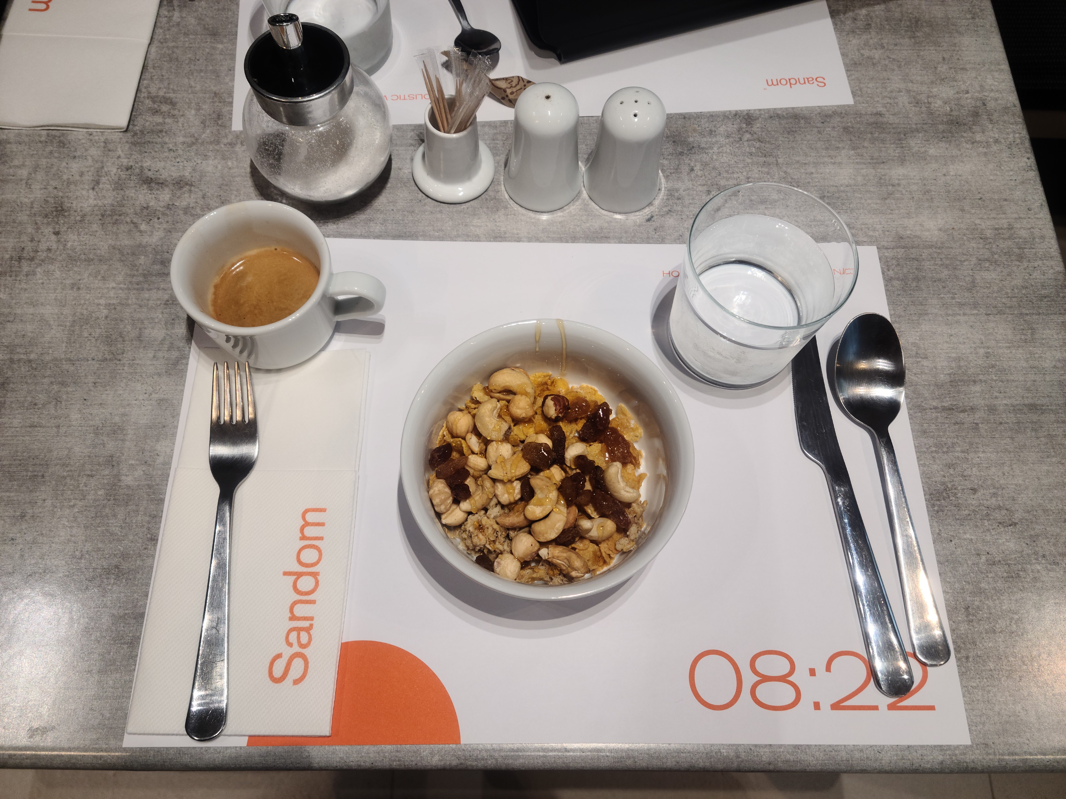 Delicious breakfast and coffee at our hotel in the beautiful Port of Paros, Greece