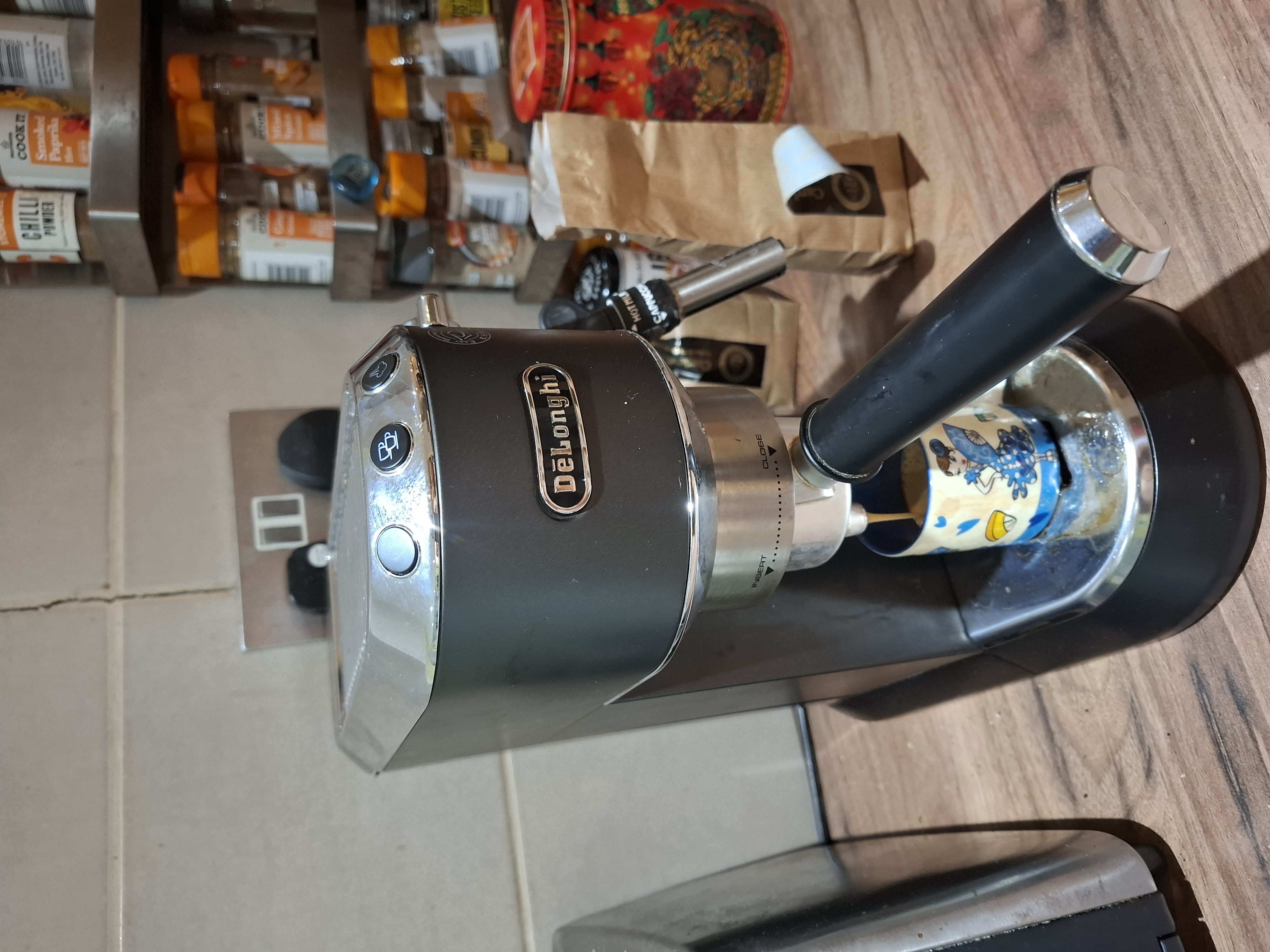 first coffee of the day! The house blend ground from a local coffee and tea shop in our town centre. Very tasty!