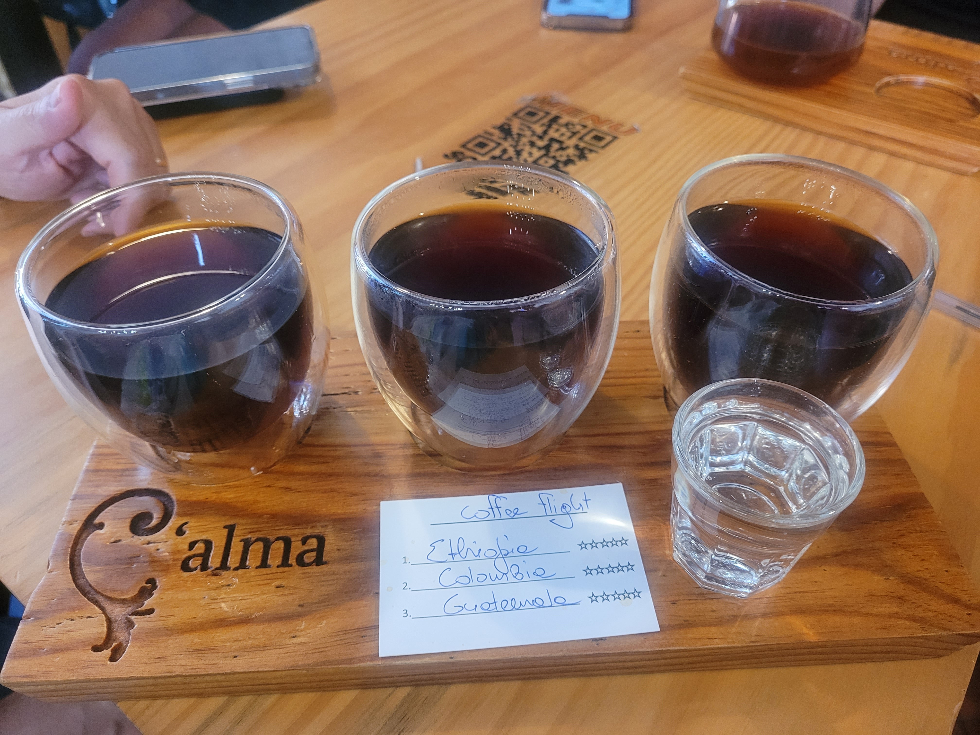 Got a coffee flight at C'Alma in Porto, Portugal back in October 2023. My parents challenged me to a blind taste test, which I flagrantly failed. But I still had yummy coffee and my parents were engaging me in an interest of mine, so it's still a fond memory.