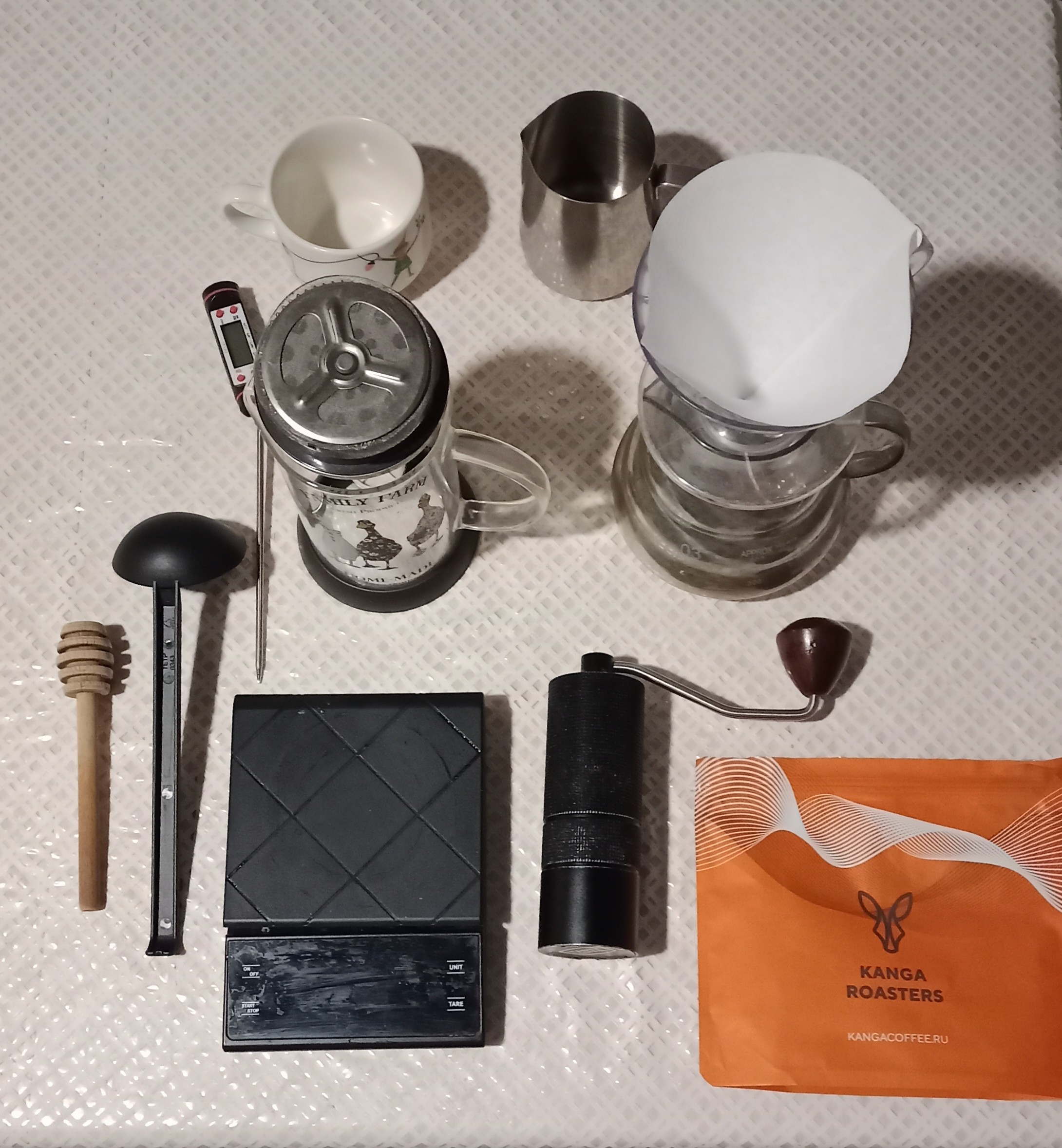 A slideshow of the coffee brewing process in a French press according to a recipe from a book. This is currently my favorite method.