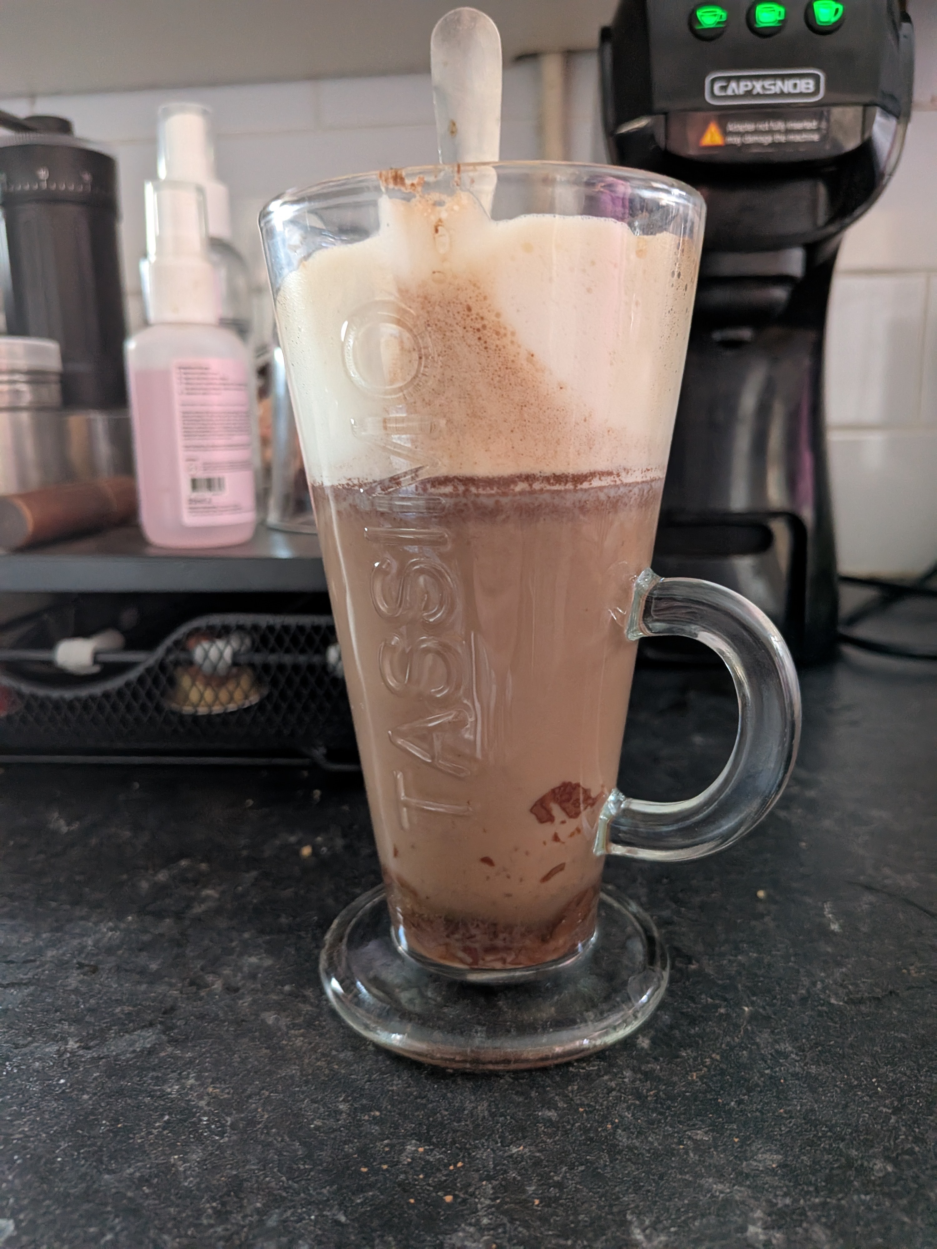 Homemade Mocha - 4 squares of Bournville Chocolate, with espresso poured over topped with foamed milk. ☕