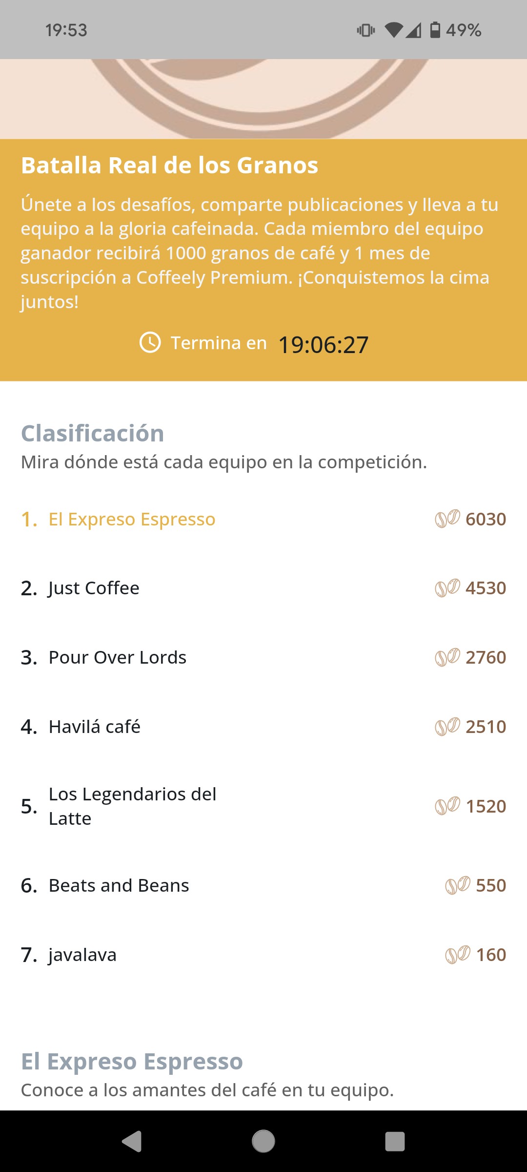 Nuestro equipo El Espresso Espresso esta en primera posición. ♥️🙌🏻👏🏻👌🏻