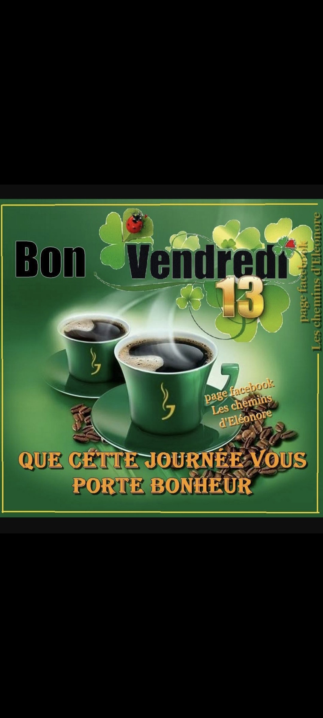 Bon vendredi 13 à tous.
Que cette journée vous porte bonheur !!!


 ( page Facebook les chemins d'Eleonore)