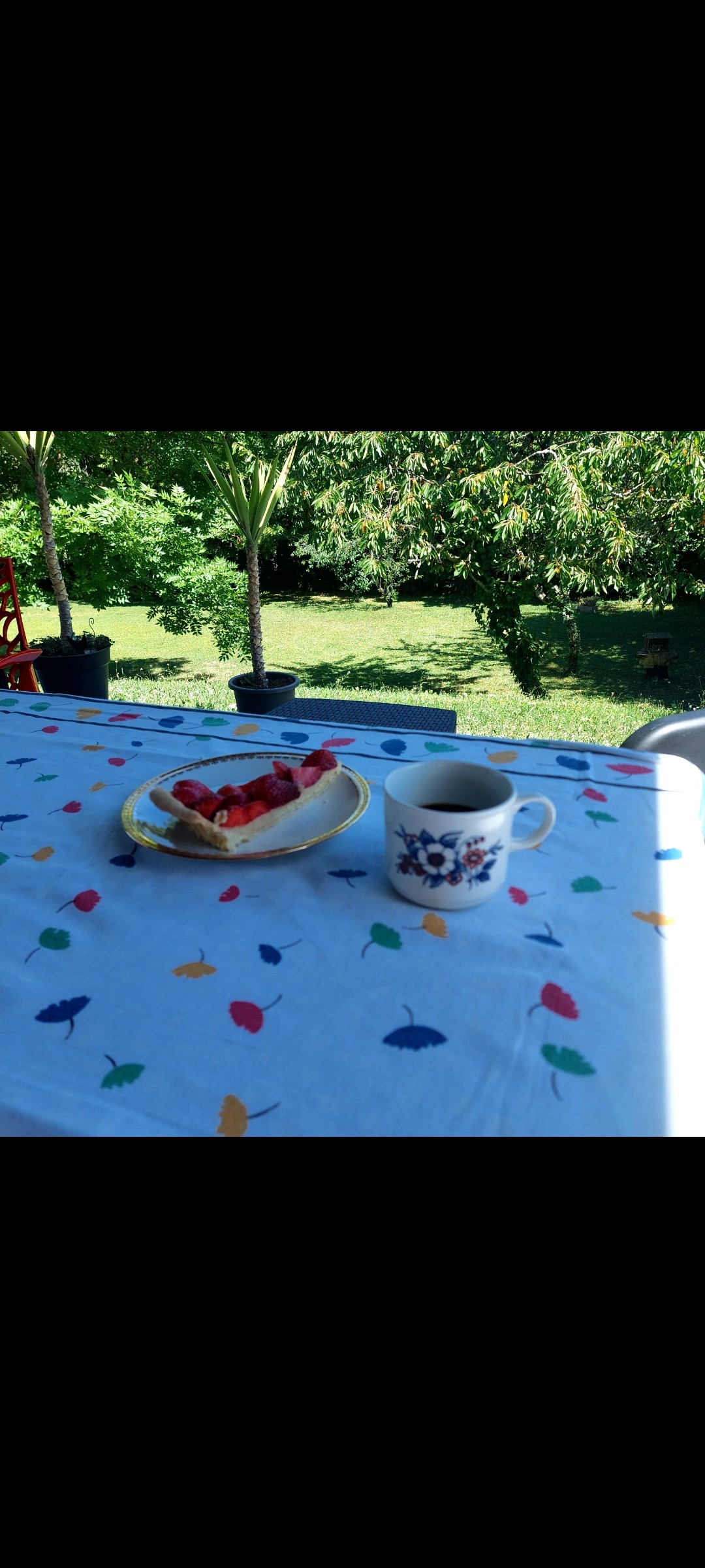 Fin de repas en famille 
Petit café et tarte aux fraises maison 