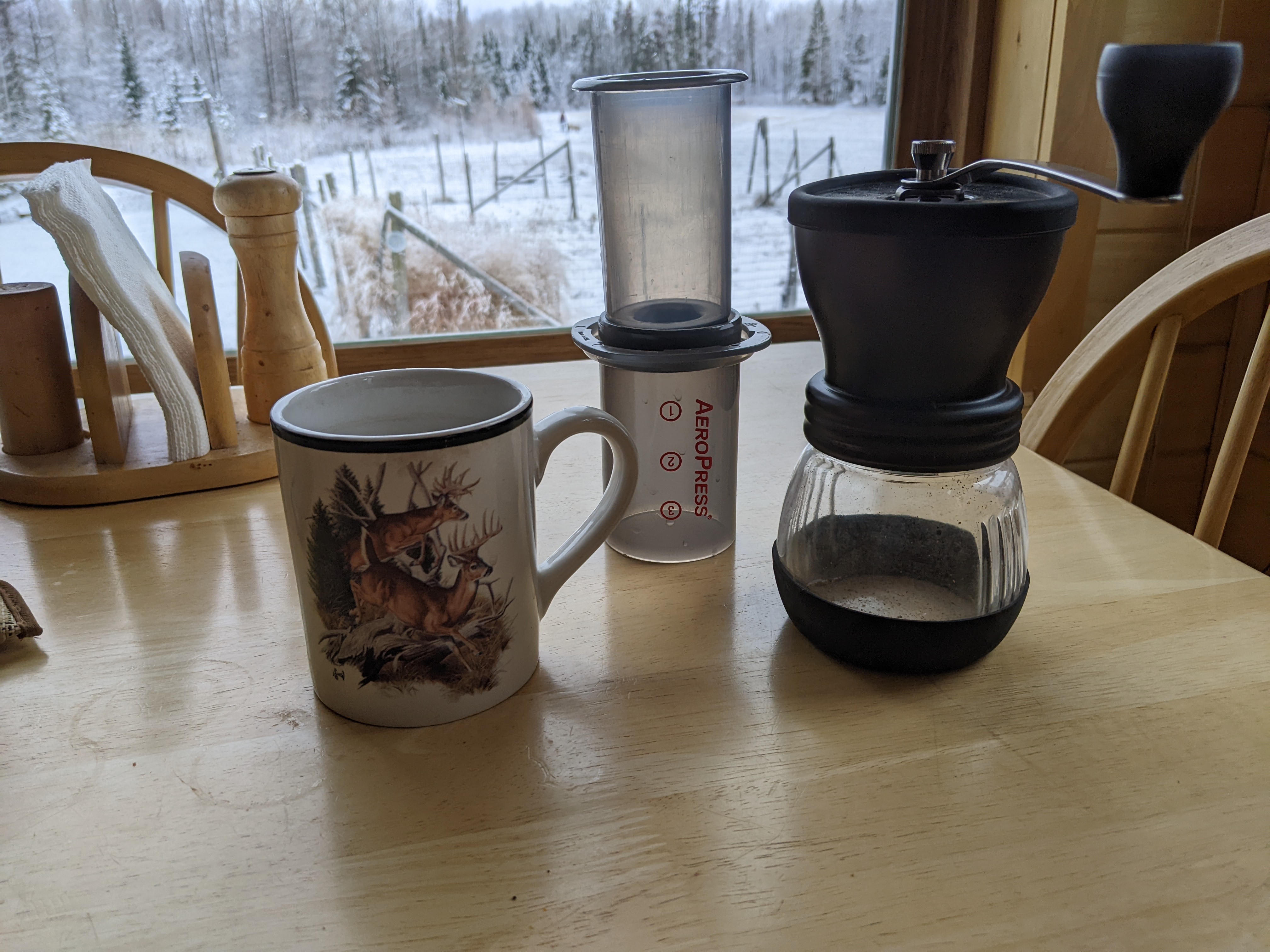 This coffee roaster is a disgrace, but I love being at camp, especially with some fresh snow ❄️. Aeropress with the Hario skerton grinder works wonderful. It's tough to beat the performance to cost ratio, and it's portable.