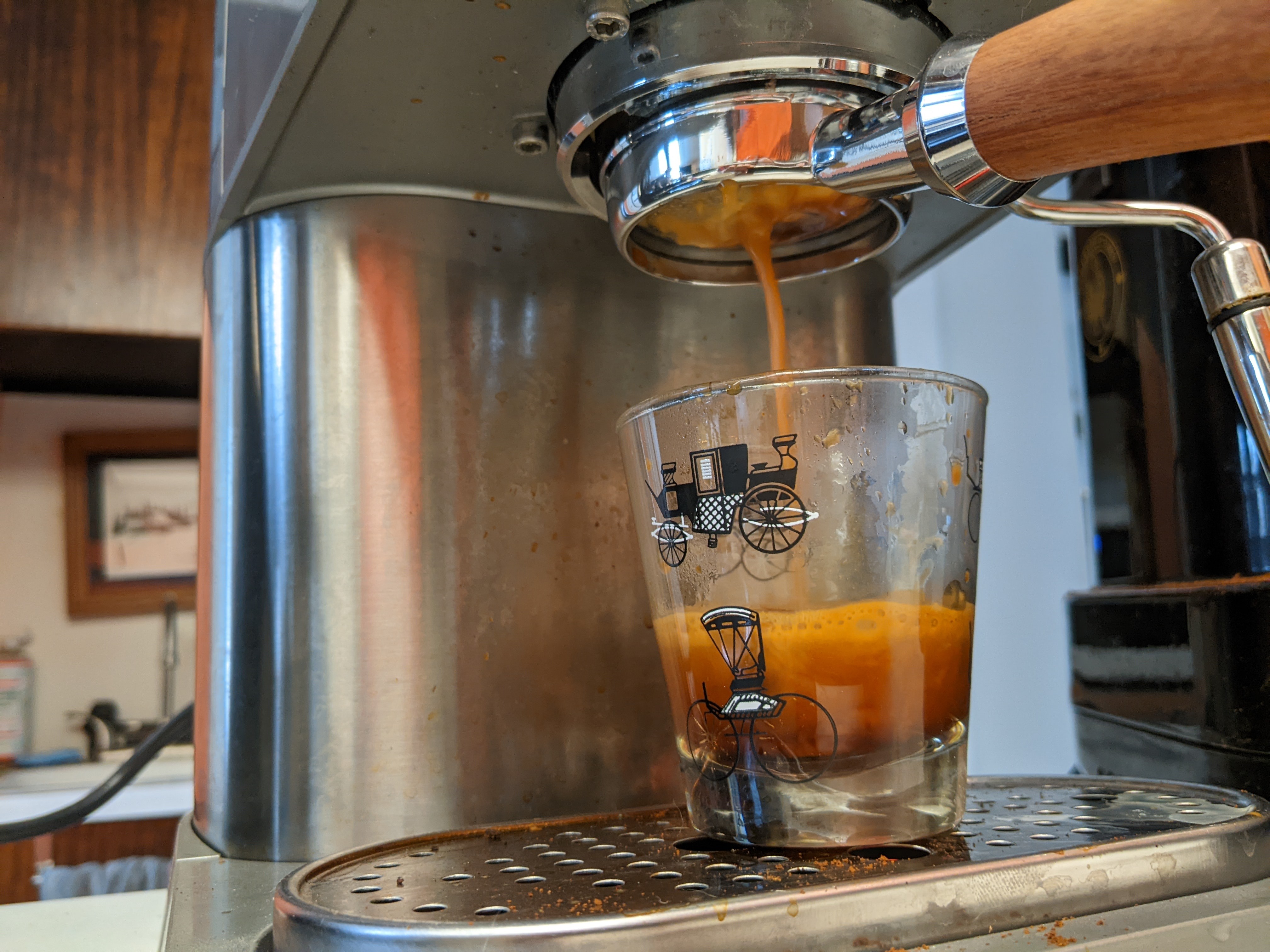 Playing with a new naked portafilter. I bought a cheap one on eBay that didn't fit so I used a Dremel to grind the ears down to size. I'm enjoying some home roasted Honduras beans today. 