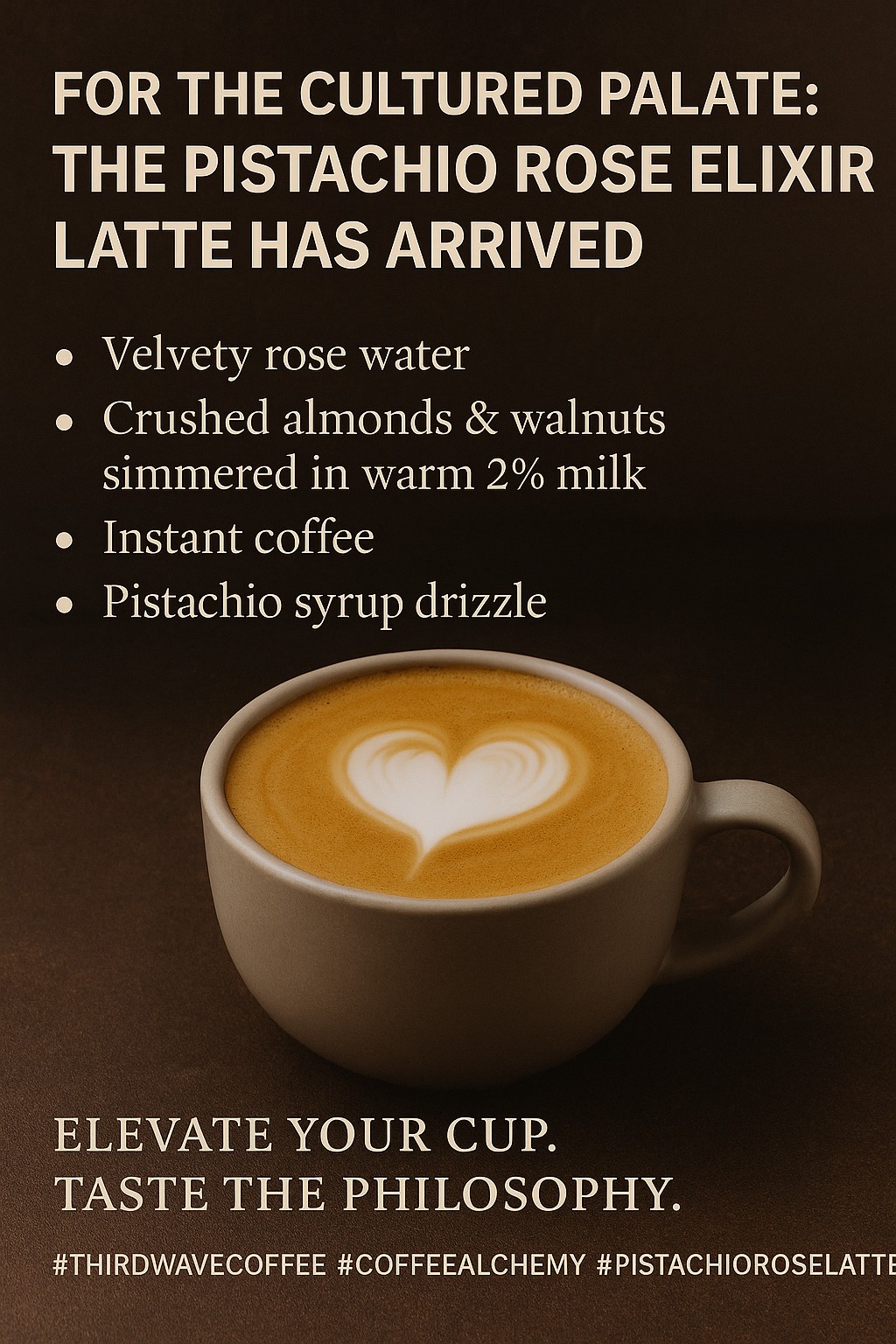 The Pistachio Rose Elixir Latte Has Arrived
Elevate your cup. Taste the philosophy.

Calling all coffee connoisseurs—the kind who can taste the terroir in a single sip and debate bloom time over brunch.

Introducing the Pistachio Rose Elixir Latte:
A sensual blend that defies the boundaries of ordinary brewing. Think French press meets floral alchemy. We’re talking:

Velvety rose water that hums on the palate

Crushed almonds & walnuts simmered in warm 2% milk for a rich, nutty embrace

A base of instant coffee—yes, instant, because when blended right, it’s a dark horse in disguise

And the finale? A pistachio syrup drizzle that wraps it all together like a silk ribbon on a Persian gift box

Steeped. Simmered. Sipped.
This isn't just a drink—it’s a ritual. A slow bloom in a fast world.

Artisan tip: Try it with oat milk and smoked salt for an avant-garde twist.
Bonus: Pairs beautifully with Bach, Rumi poetry, or existential conversations at 2 a.m.

#ThirdWaveCoffee #CoffeeAlchemy #PistachioRoseLatte #FrenchPressRituals #LatteSnob #BrewWithMeaning #NuttyNotes #FloralFinish #SlowSipSociety #CoffeeCraftsmanship