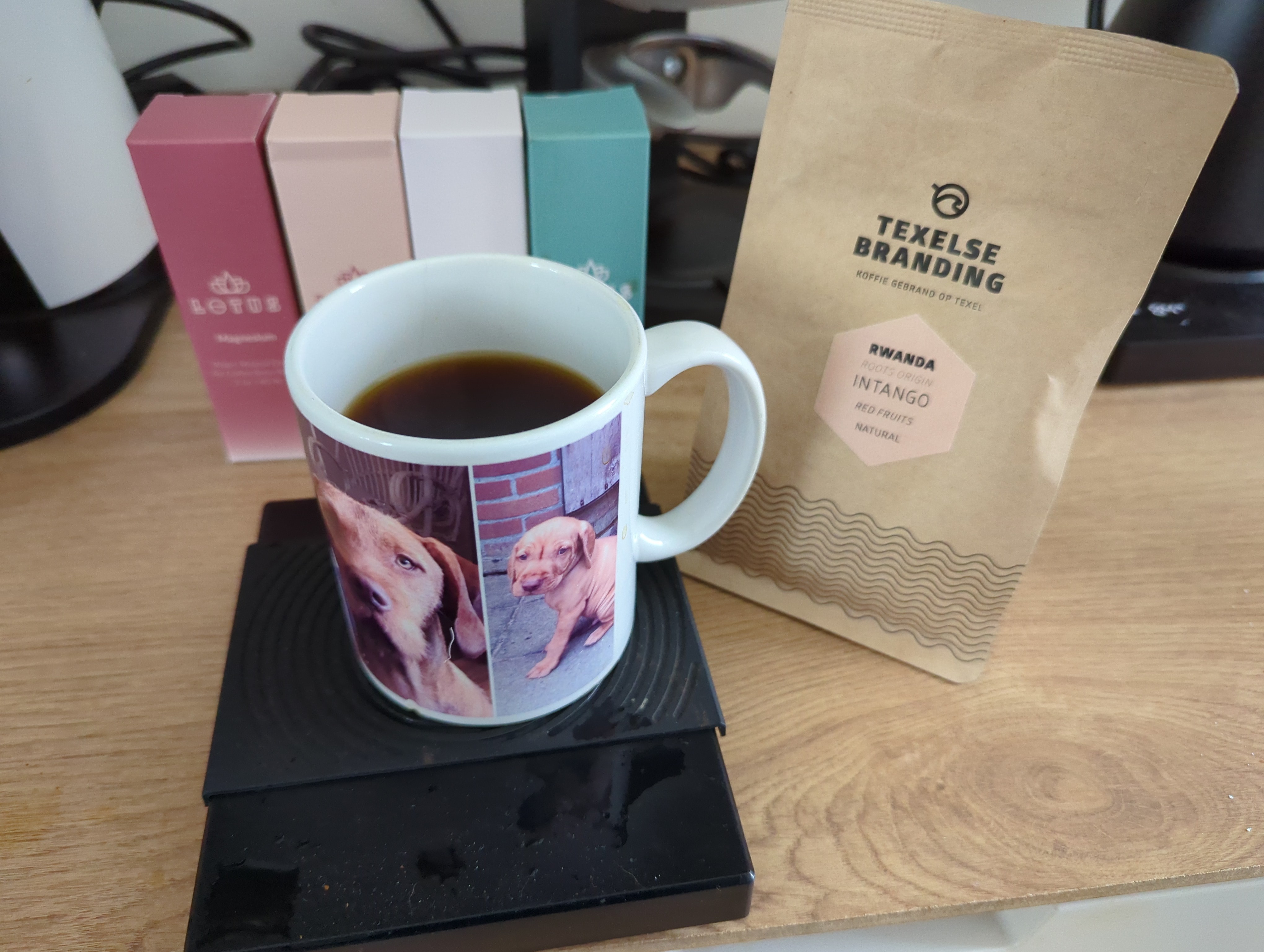 My dog mug with pictures of my dog Dio has always been my favorite mug.

have been experimenting on making my own brew water with lotus coffee Drops.

orea V3 pour over recipe.
using flat sibirist fast filters

15 gr in 250 gr out in 3 min.
1 40 gr bloom
3 40gr slow circle pours
1 40gr center pour

water recipe 2 drops magnesium 3 Drops calcium 3 Drops sodium 3 Drops potassium.

