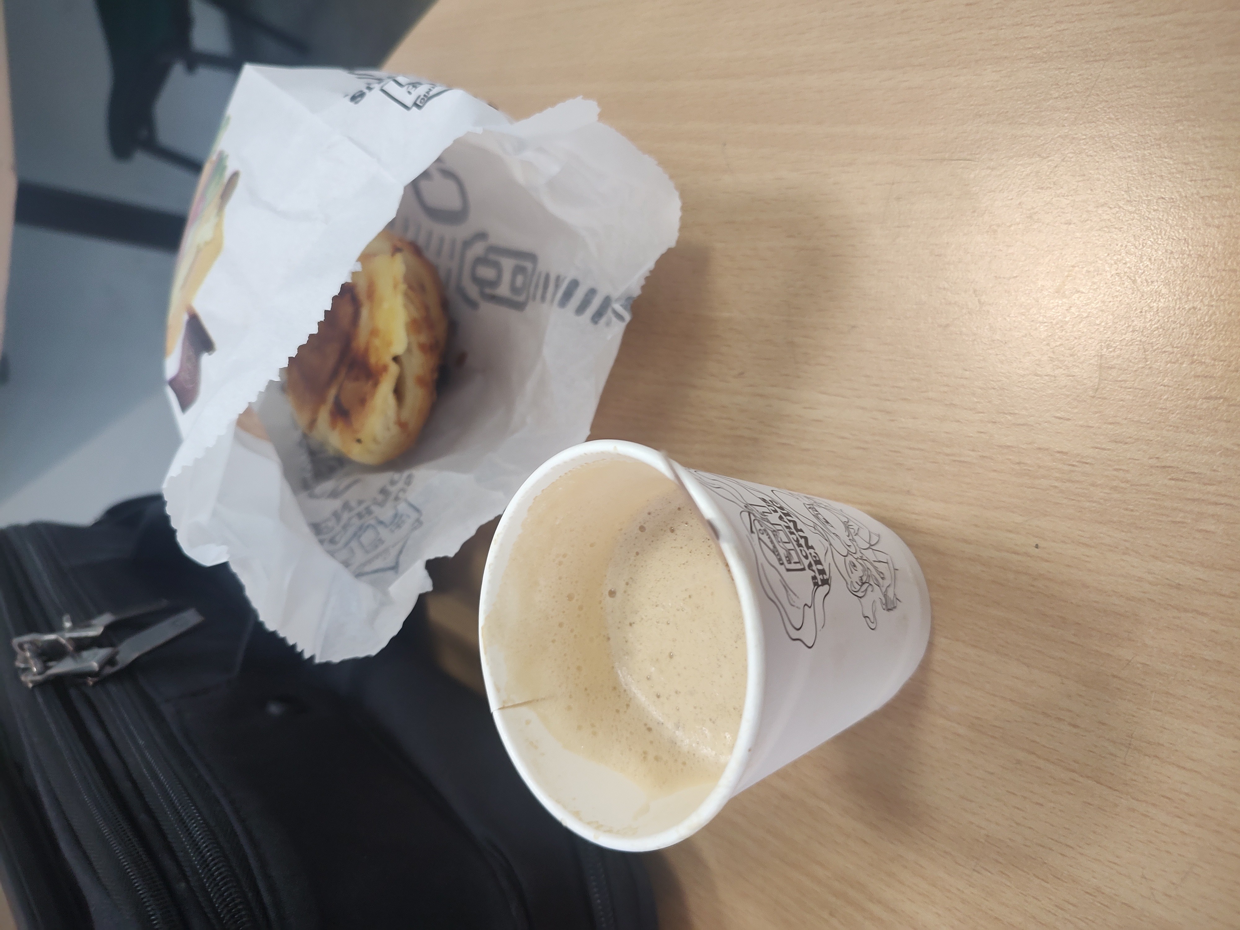 A fats cappuccino and a croissant while at work
 