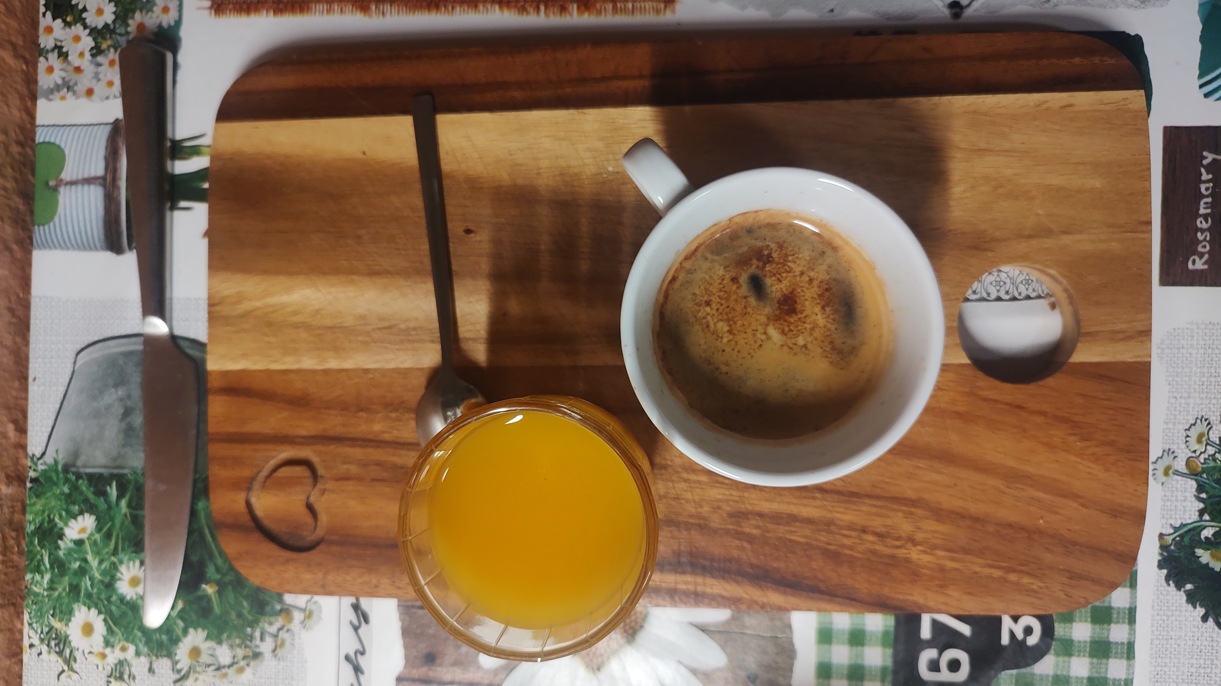 breakfast beverages. double espresso with cinnamon and multivitamin juice. 