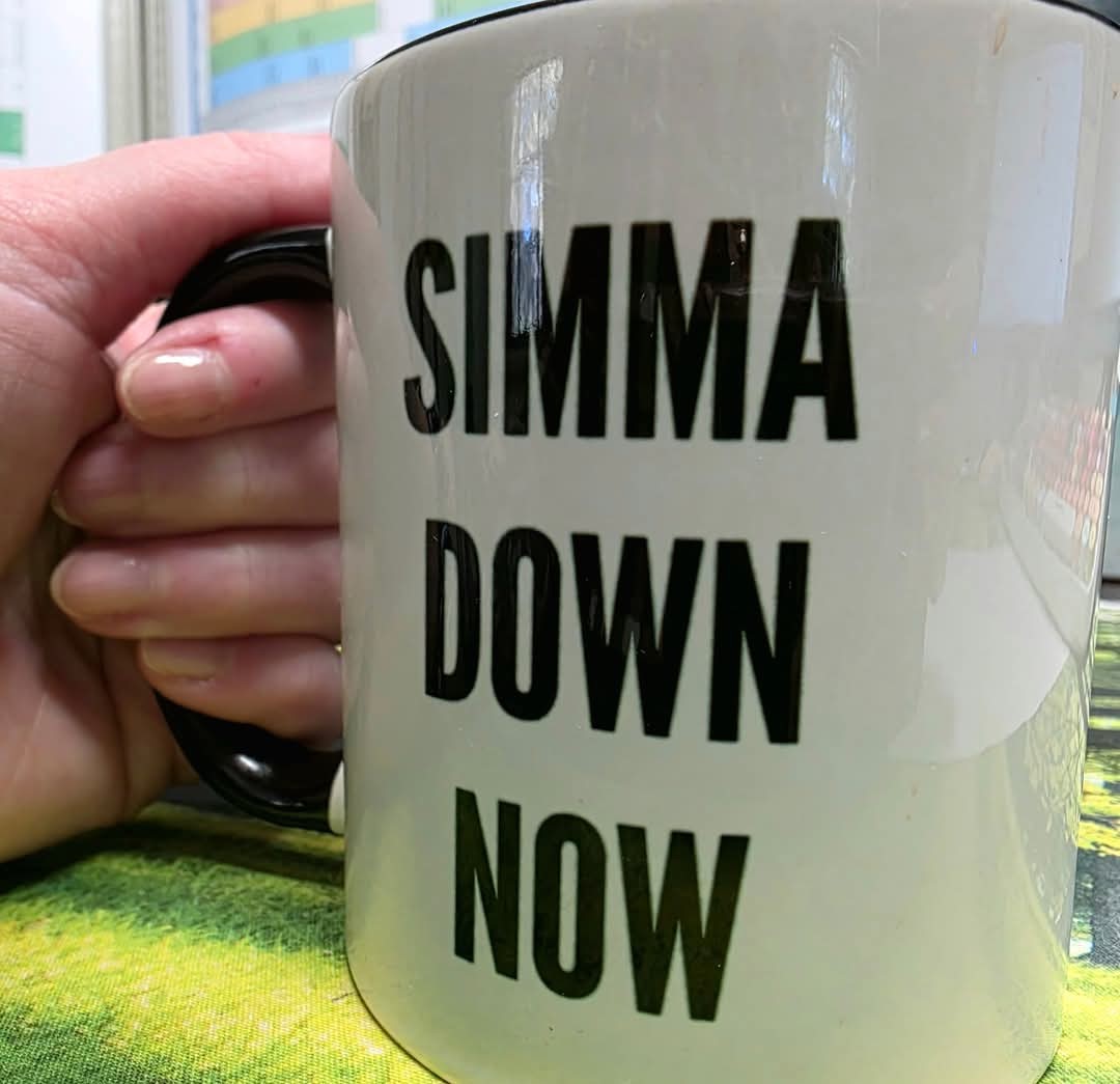 Coffee pick-me-up while completing elementary school registrations. One of my favorite cups to use while dealing with parents.