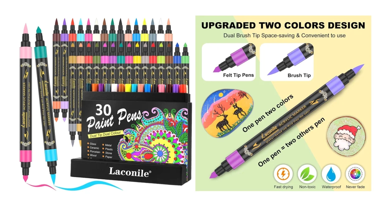 Pack de 30 rotuladores acrílicos Laconile de doble color (60 tonos) para pintar cristal, piedras o cerámica por sólo 12,85€ (-36%)