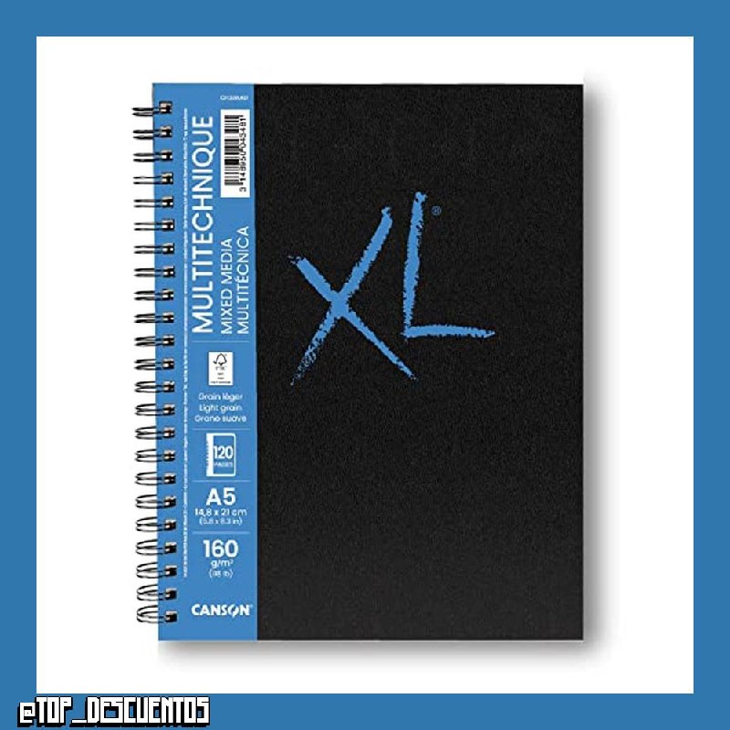 Canson XL Art Book, Papel Multitécnica, Grano Suave, 160gsm, Cuaderno Espiral, A5-14,8x21cm, Blanco, 60 hojas