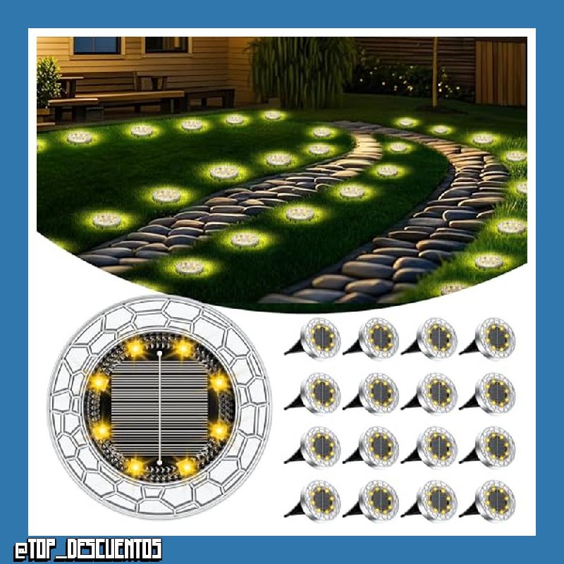 FIFlying 16 Piezas Luces Solares LED Exterior Jardín, 8 LED Luces Solares LED Exterior Jardín Suelo, Acero Inoxidable, Luces Solares LED Jardín para Césped, Camino, Acera, Patio, Blanco Cálido