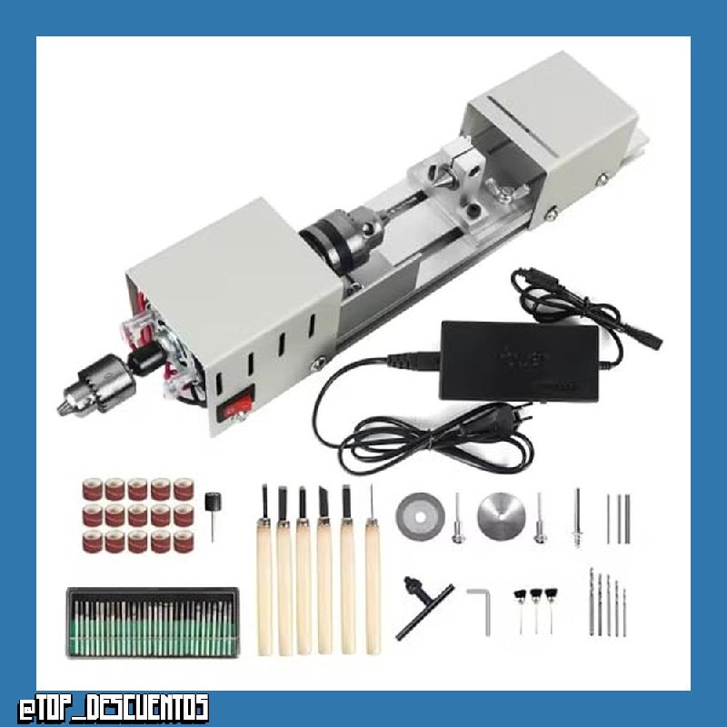 Mini Torno de 24V Pequeño Torno de Metal con Ajuste de 7 Marchas, 4000–8000 RPM, Rango de Sujeción de 0.6–6.5MM, con uego de Herramientas Rotativas,para Tornear, Rectificar, Pulir, Taladrar y Tallar