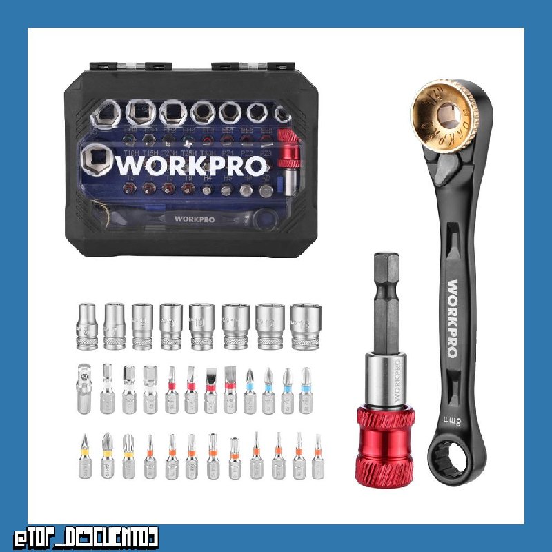 WORKPRO Carraca 1/4 Cr-V, Juego Vasos 34 Piezas con Adaptador