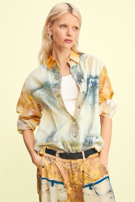 Desigual, Camisa híbrida denim, Mujer, Algodon, Amarillo, S