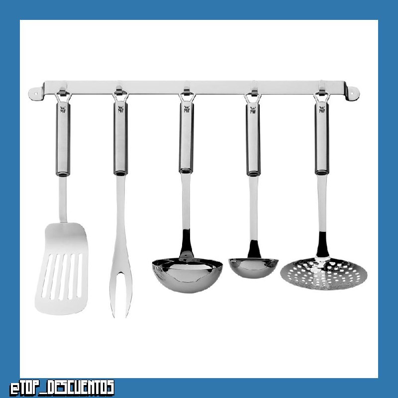 WMF Profi Plus - Juego de Cocina 6 piezas, Estante para Colgar con 5 Ayudantes, Cucharón, Espumadera, Cuchara para salsa, Espátula, Tenedor para carne, Acero Inoxidable Pulido