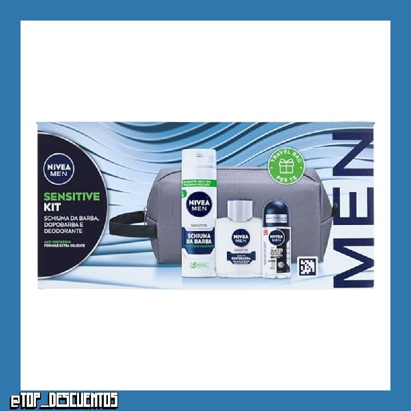 NIVEA MEN Sensitive - Set de regalo para hombre con espuma de afeitar de 200 ml, bálsamo after shave de 100 ml, desodorante para hombres blanco y negro de 50 ml y bolsa de viaje gratis