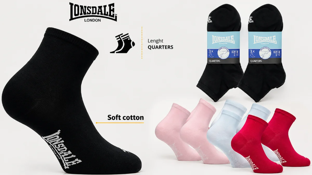 Pack de 6 pares de calcetines Lonsdale Quarter de algodón antiolor por sólo 11,89€ en varios colores y tallas (-15%)
