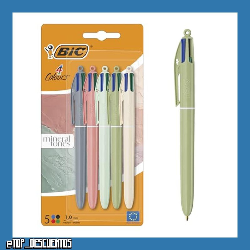 BIC 4 Colores Mineral Tones Bolígrafos Punta Media (1,00 mm) - Colores Cuerpo Surtidos, Pack de 5, Óptimo para material escolar, Material Oficina y Papeleria