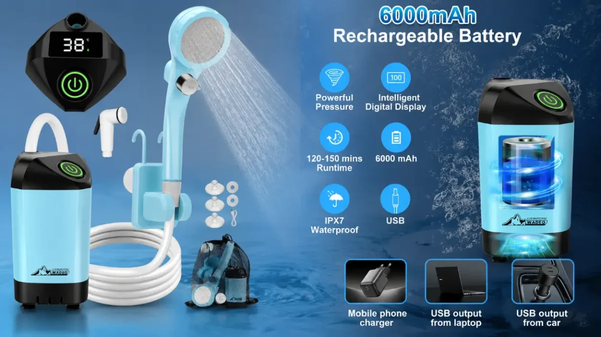 Ducha de camping portátil WADEO con bomba y batería recargable de 6000 mAh por sólo 22,83€ (-18%)