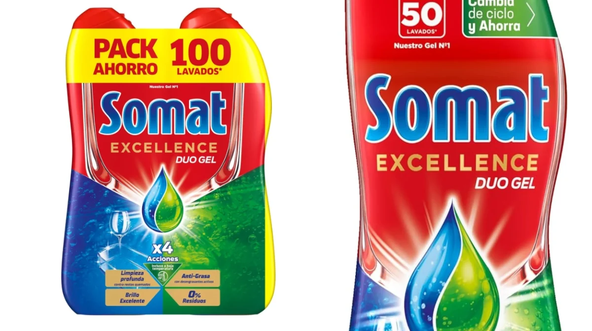 Pack de 2 botellas Somat gel anti-grasa lavavajillas (100 dosis total) por sólo 12,77€ (-11%) ¡6,38€ la unidad!