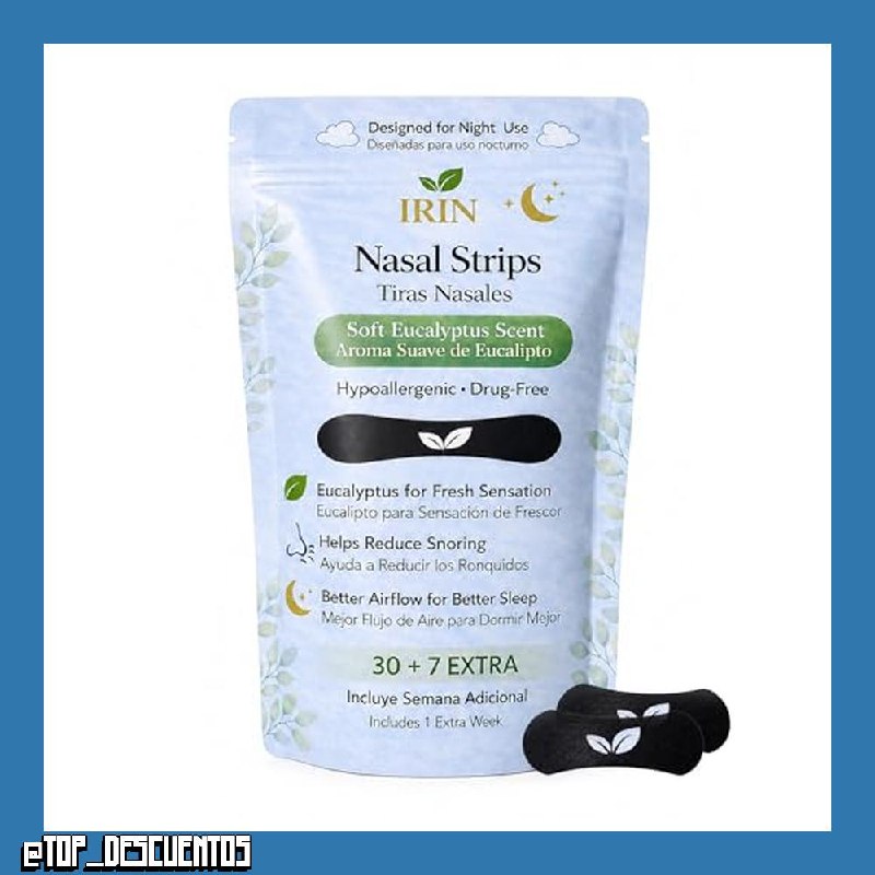 Tiras Nasales para Dormir IRIN Antirronquidos con Eucalipto – 30+7 Gratis | Nasal Strips Hipoalergénicas – Alivia Congestión Nasal – Hombre y Mujer