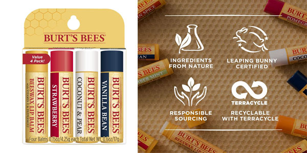 Set Burt's Bees de 4 bálsamos labiales de cera de abeja por sólo 5,69€ con envío gratis (54% de descuento)
