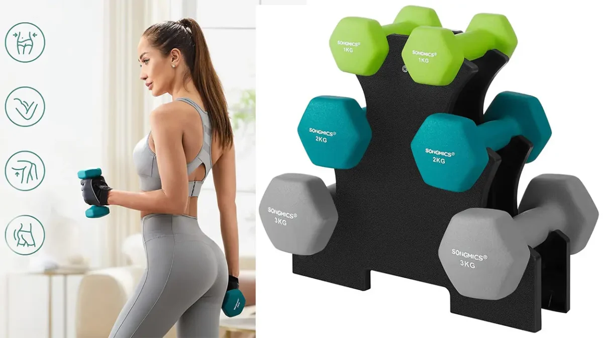 Juego de mancuernas Songmics con 3 pares de 1, 2 y 3 kg por sólo 21,96€ con cupón y envío gratis (-76%)