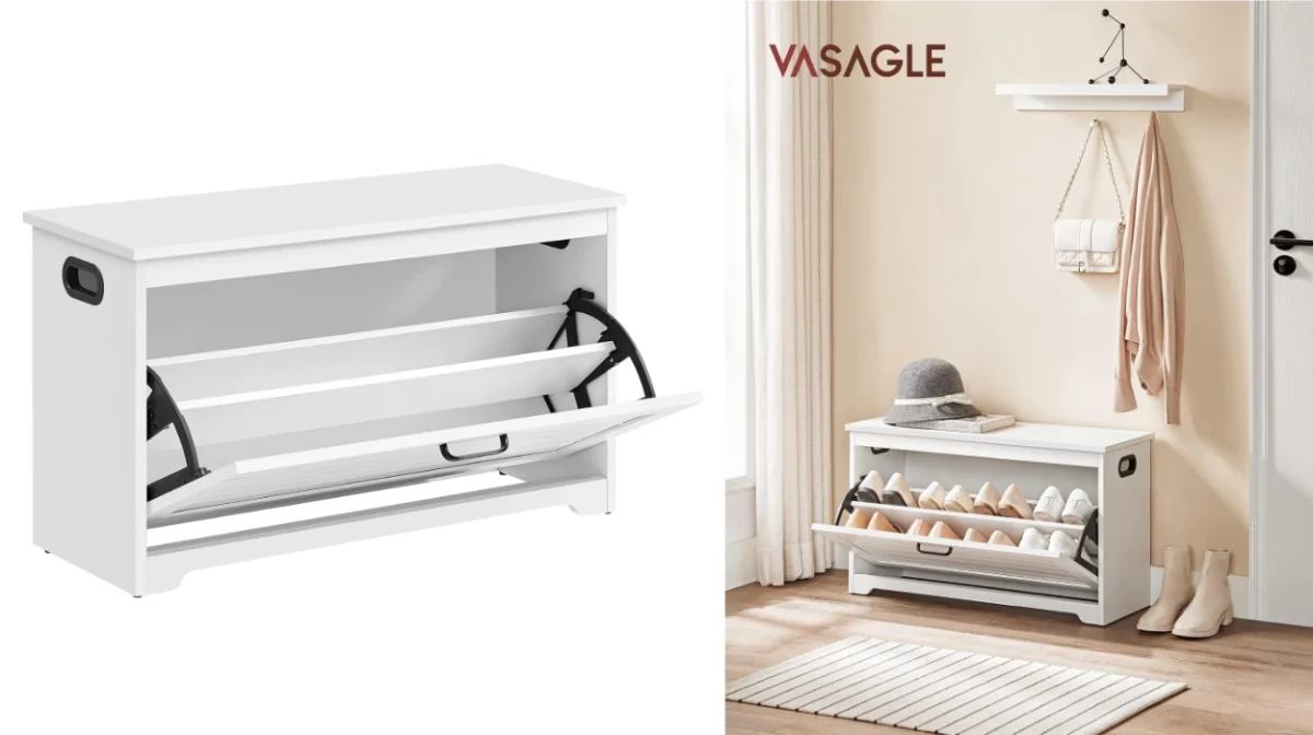 Banco zapatero Vasagle ajustable con puerta abatible y diseño moderno blanco por sólo 34,29€ (30% de descuento)