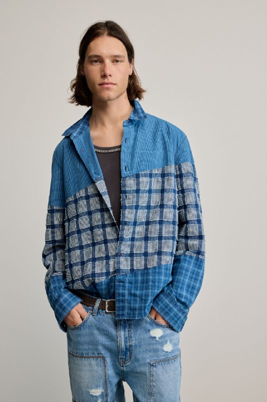 Desigual, Camisa patch cuadros, Hombre, Algodon, Azul, S